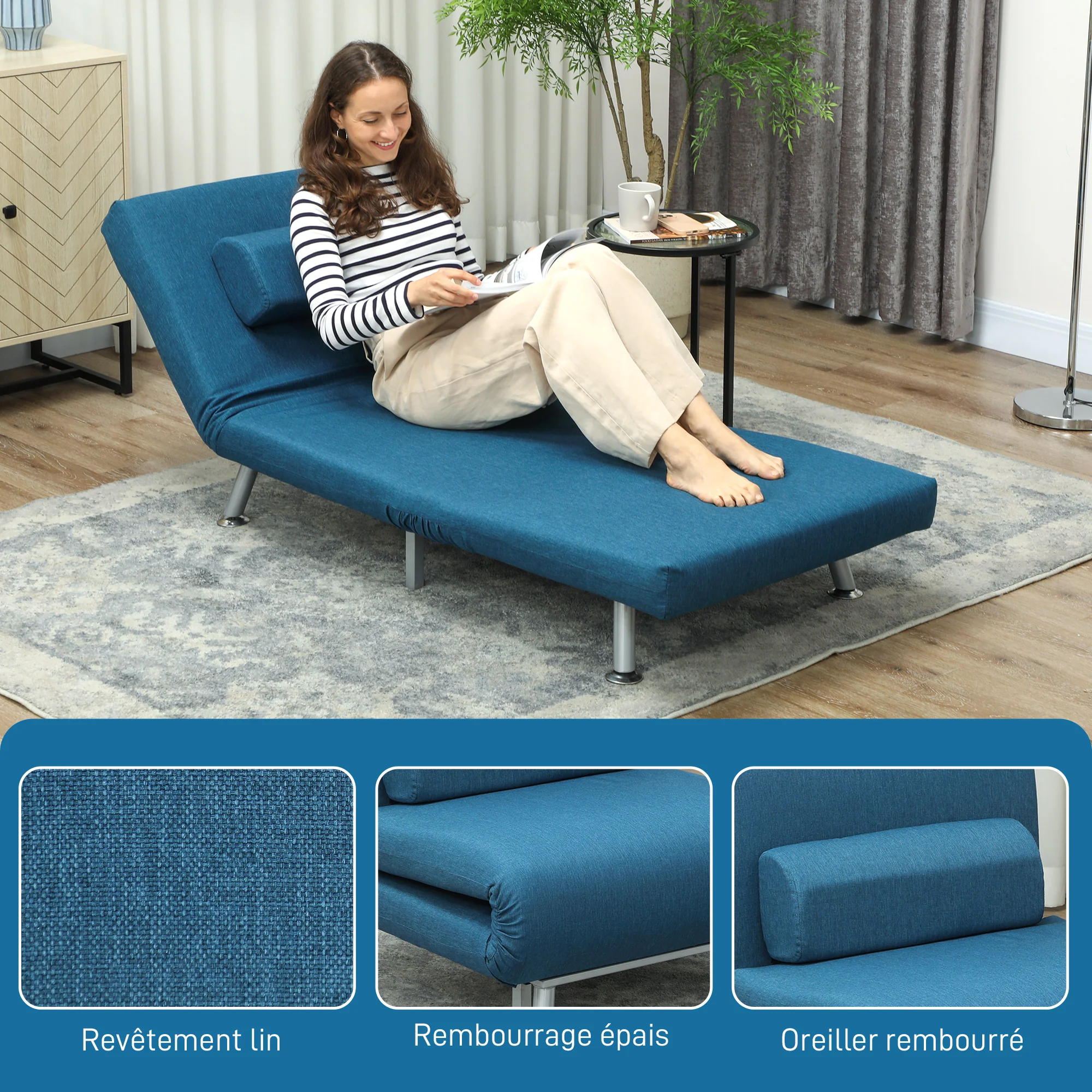 Fauteuil convertible 1 place chauffeuse 3 en 1 fauteuil lit avec dossier réglable en 5 positions, coussin inclus, canapé-lit 1 place pour invités, salon, charge 150 kg bleu - Image 7