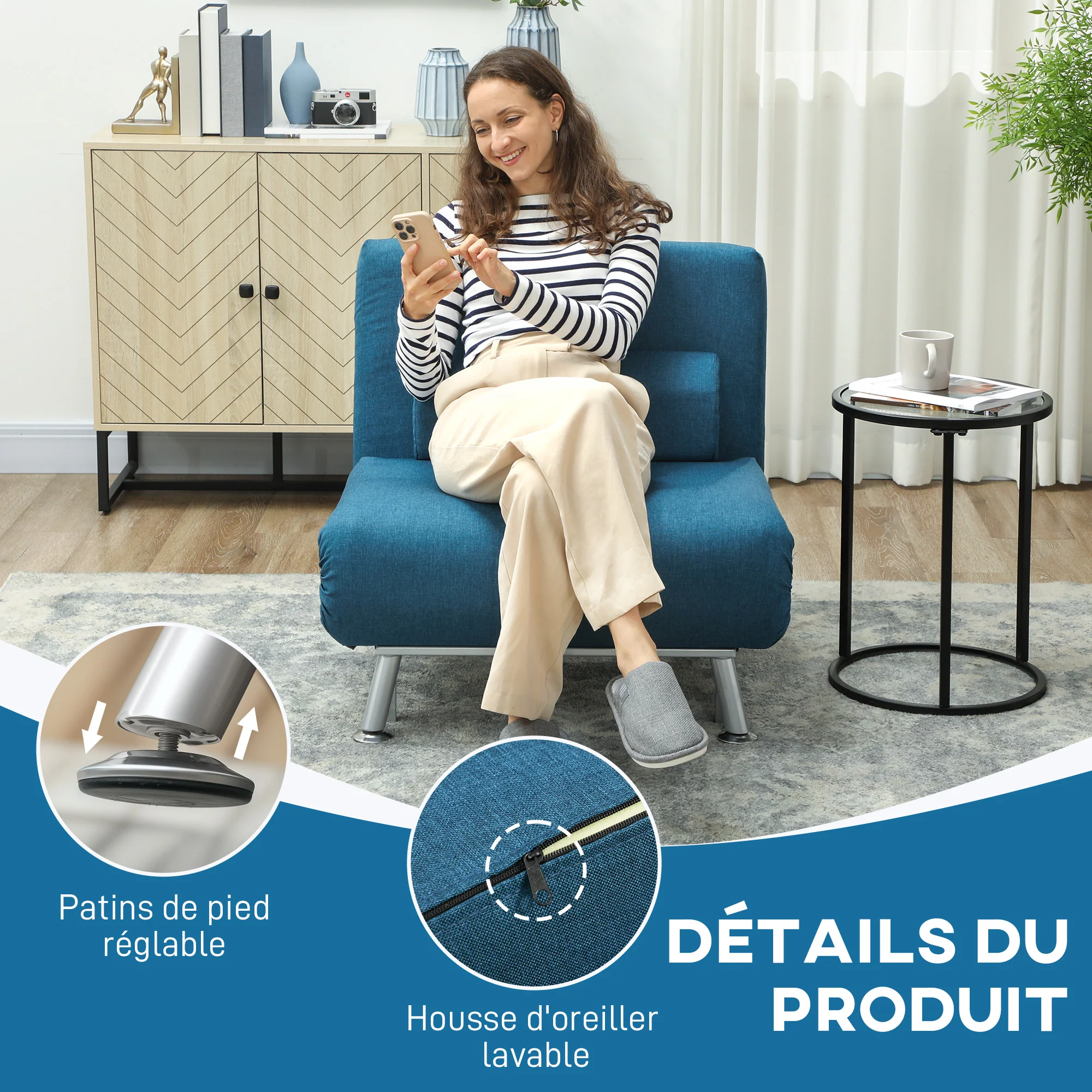 Fauteuil convertible 1 place chauffeuse 3 en 1 fauteuil lit avec dossier réglable en 5 positions, coussin inclus, canapé-lit 1 place pour invités, salon, charge 150 kg bleu - Image 8
