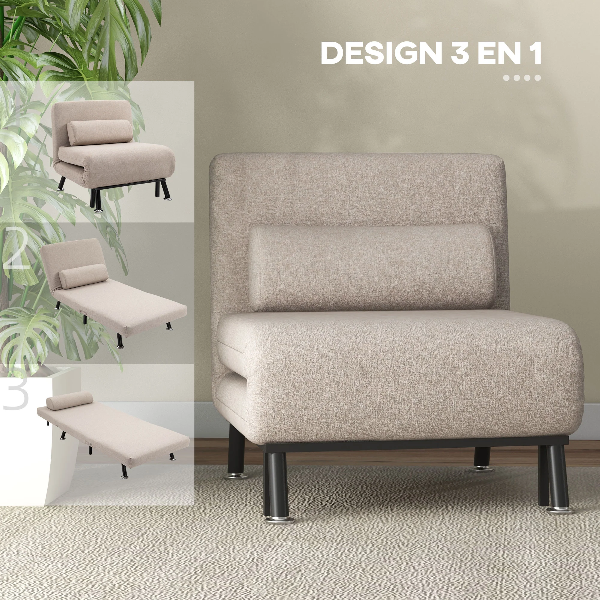 Fauteuil convertible 1 place chauffeuse 3 en 1 fauteuil lit avec dossier réglable en 5 positions, coussin inclus, canapé-lit 1 place pour invités, salon, charge 150 kg beige - Image 5