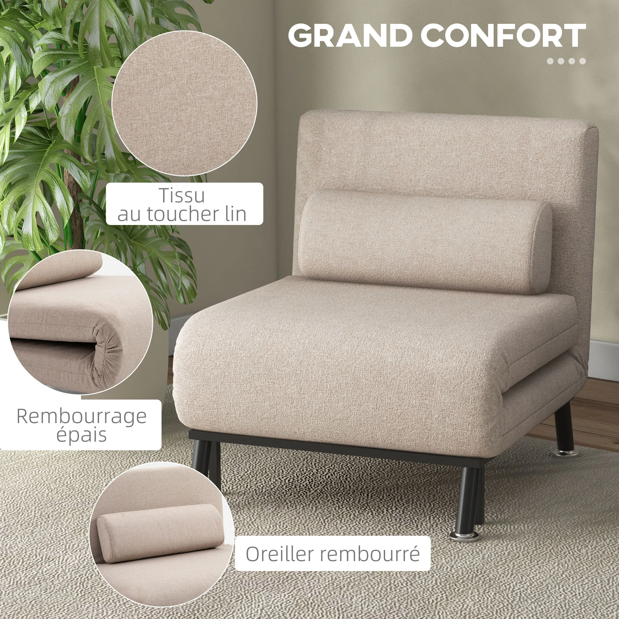 Fauteuil convertible 1 place chauffeuse 3 en 1 fauteuil lit avec dossier réglable en 5 positions, coussin inclus, canapé-lit 1 place pour invités, salon, charge 150 kg beige - Image 7