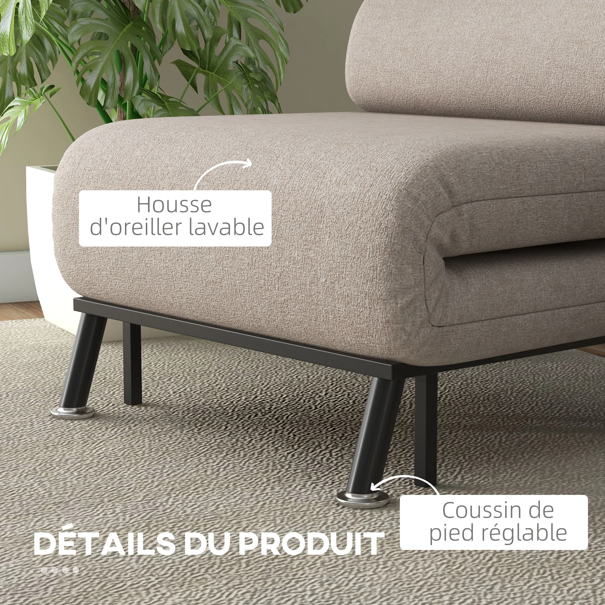Fauteuil convertible 1 place chauffeuse 3 en 1 fauteuil lit avec dossier réglable en 5 positions, coussin inclus, canapé-lit 1 place pour invités, salon, charge 150 kg beige - Image 8