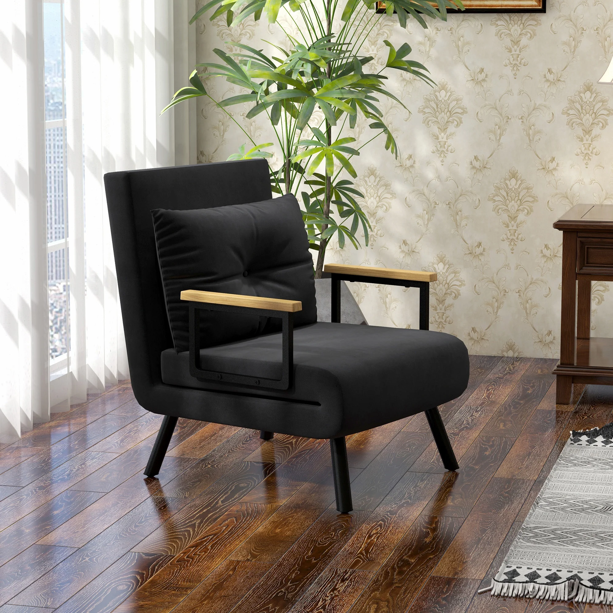 Fauteuil convertible 1 place chauffeuse 4 en 1 canapé convertible fauteuil lit avec dossier réglable en 5 positions, coussin inclus, canapé-lit 1 place pour invités, salon, charge 120 kg, noir - Image 3