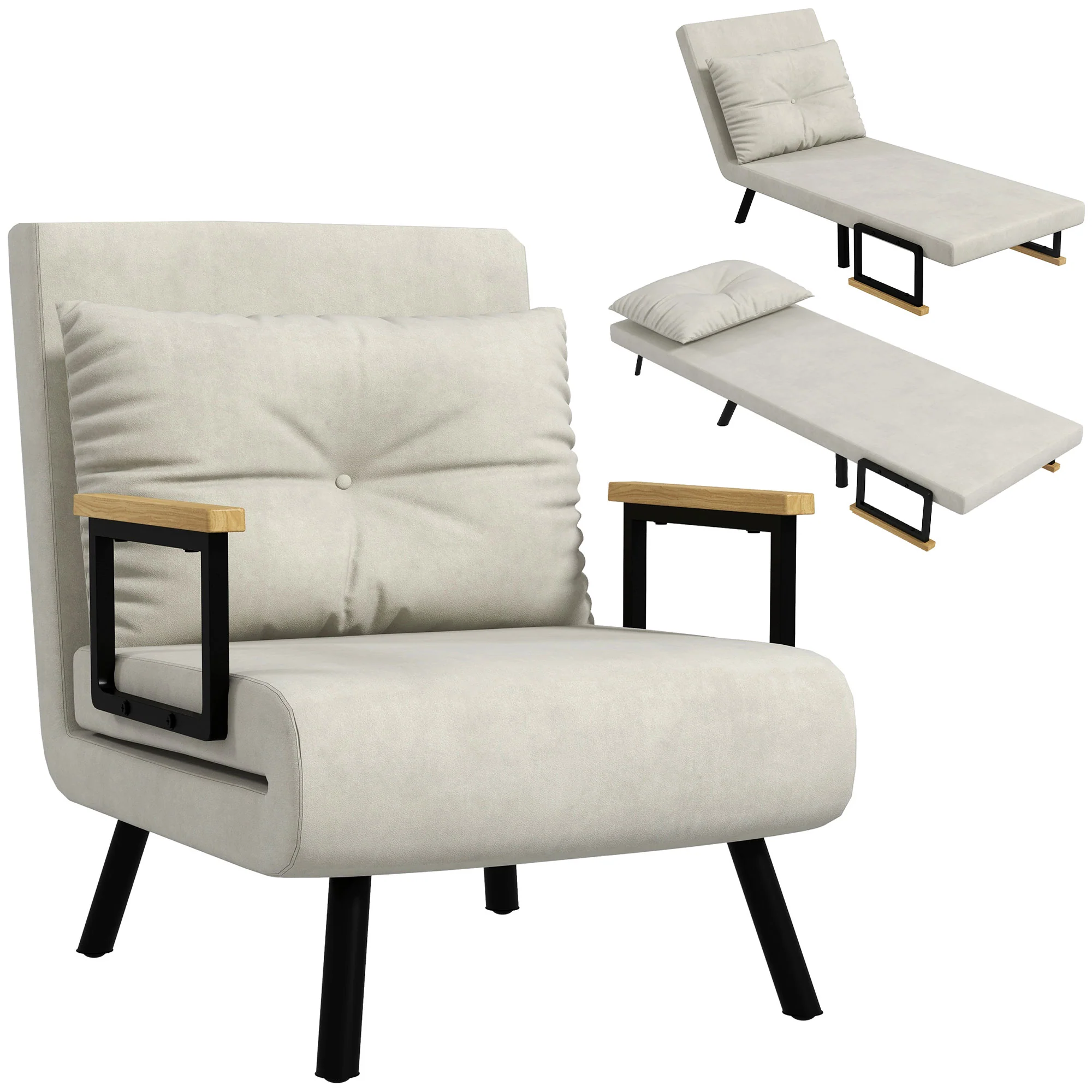 Fauteuil convertible 1 place chauffeuse 4 en 1 canapé convertible fauteuil lit avec dossier réglable en 5 positions, coussin inclus, canapé-lit 1 place pour invités, salon, charge 120 kg crème - Image 11