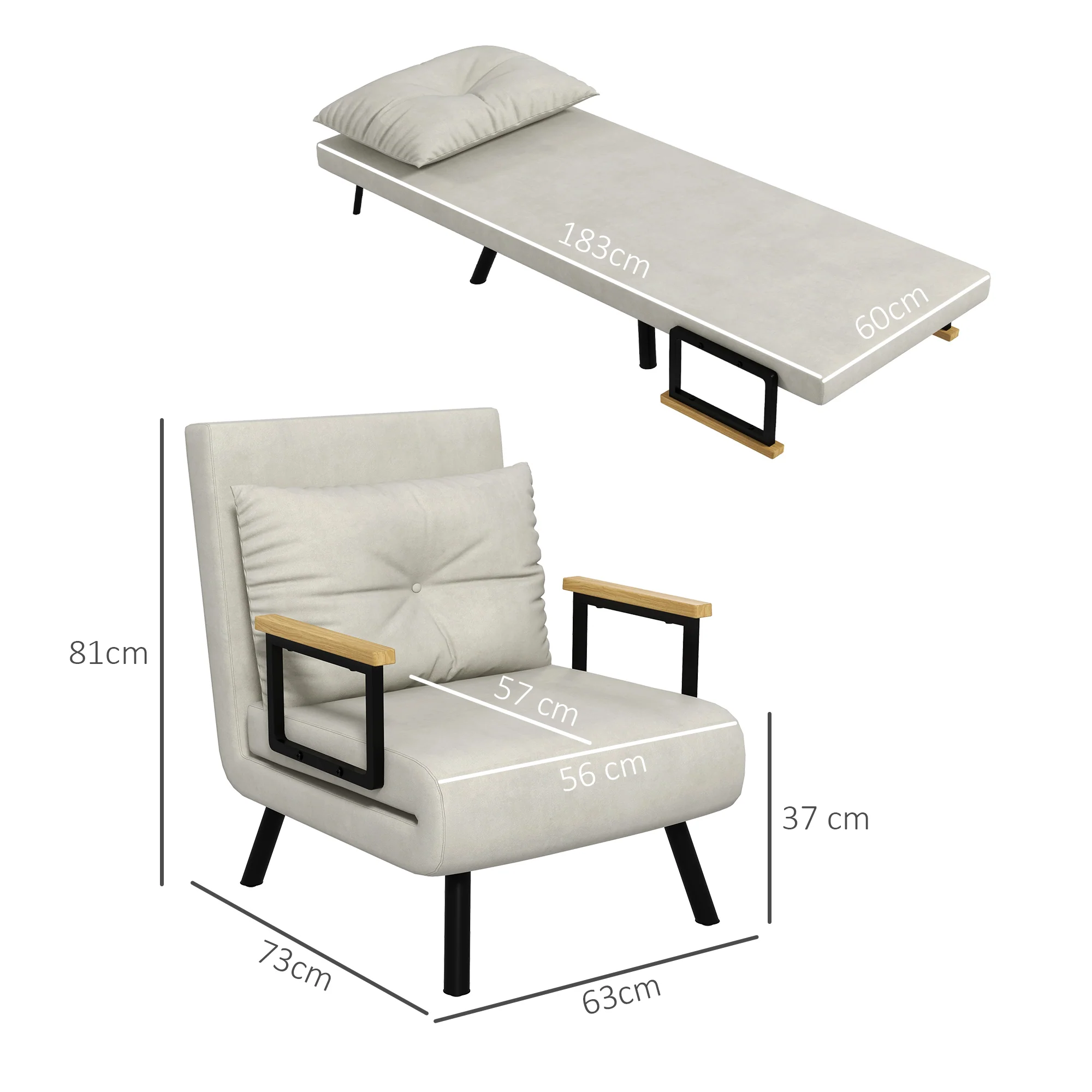 Fauteuil convertible 1 place chauffeuse 4 en 1 canapé convertible fauteuil lit avec dossier réglable en 5 positions, coussin inclus, canapé-lit 1 place pour invités, salon, charge 120 kg crème - Image 4