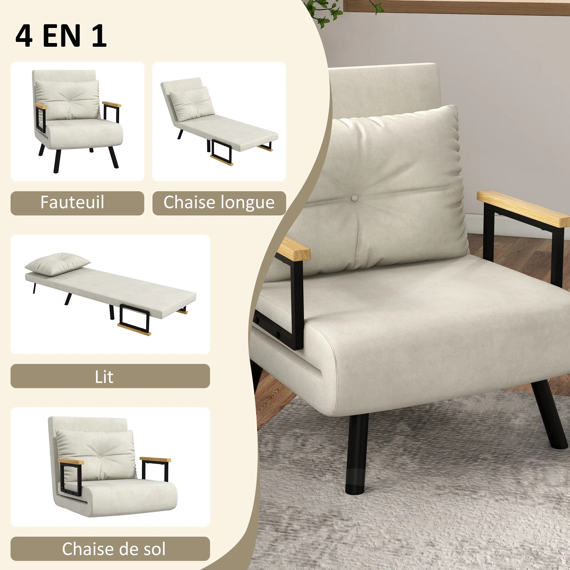 Fauteuil convertible 1 place chauffeuse 4 en 1 canapé convertible fauteuil lit avec dossier réglable en 5 positions, coussin inclus, canapé-lit 1 place pour invités, salon, charge 120 kg crème - Image 5