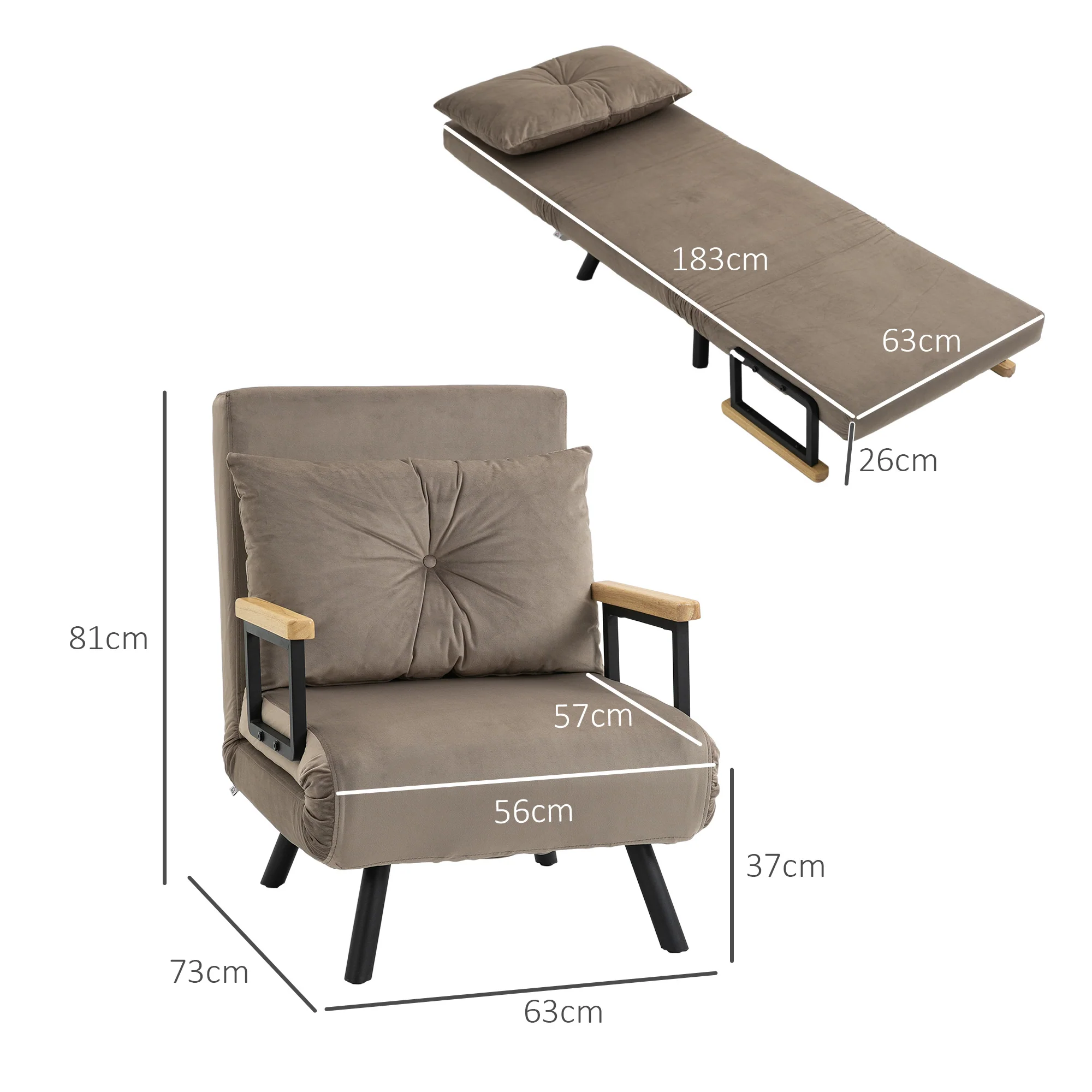 Fauteuil convertible 1 place chauffeuse 4 en 1 canapé convertible fauteuil lit avec dossier réglable en 5 positions, coussin inclus, canapé-lit 1 place pour invités, salon, charge 120 kg marron - Image 4