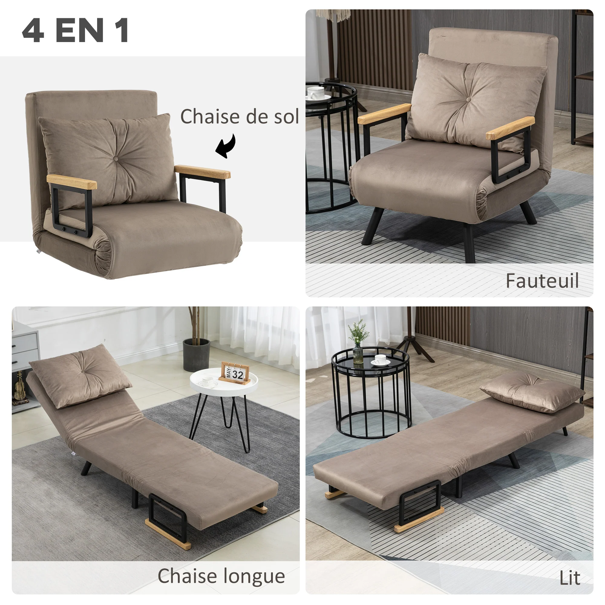 Fauteuil convertible 1 place chauffeuse 4 en 1 canapé convertible fauteuil lit avec dossier réglable en 5 positions, coussin inclus, canapé-lit 1 place pour invités, salon, charge 120 kg marron - Image 5