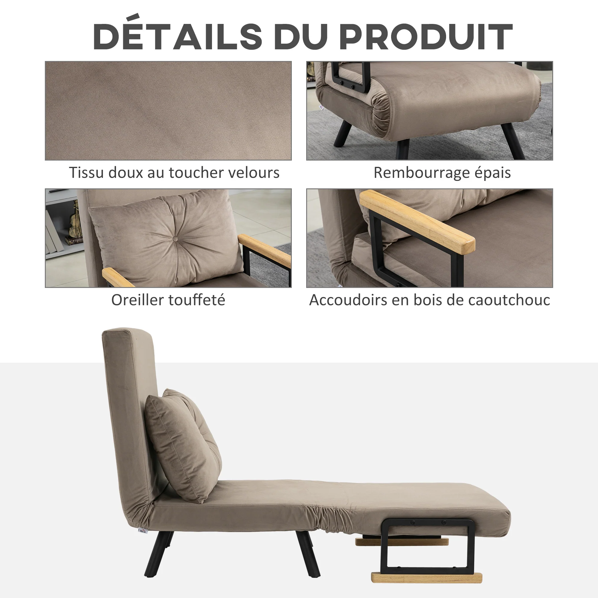Fauteuil convertible 1 place chauffeuse 4 en 1 canapé convertible fauteuil lit avec dossier réglable en 5 positions, coussin inclus, canapé-lit 1 place pour invités, salon, charge 120 kg marron - Image 7