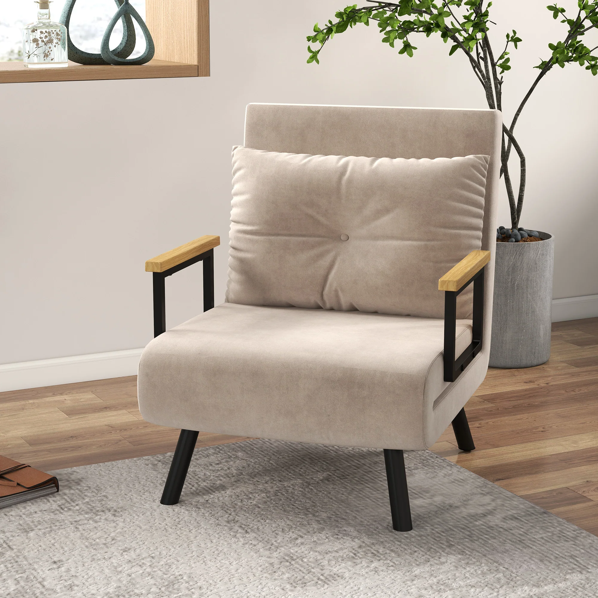Fauteuil convertible 1 place chauffeuse 4 en 1 canapé convertible fauteuil lit avec dossier réglable en 5 positions, coussin inclus, canapé-lit 1 place pour invités, salon, charge 120 kg beige - Image 3