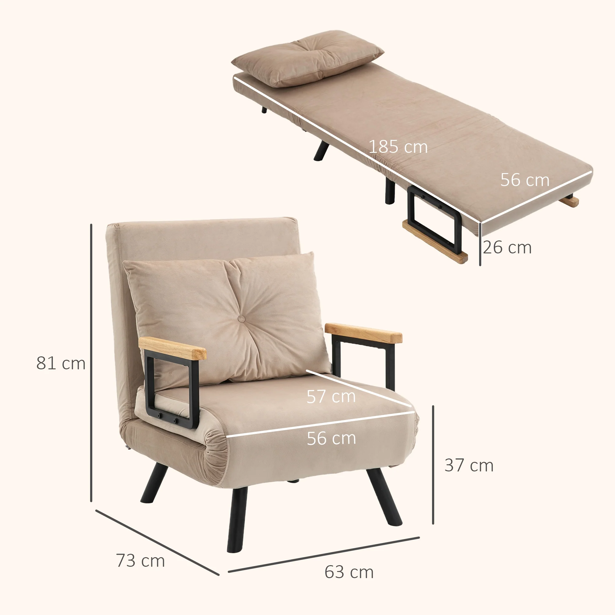Fauteuil convertible 1 place chauffeuse 4 en 1 canapé convertible fauteuil lit avec dossier réglable en 5 positions, coussin inclus, canapé-lit 1 place pour invités, salon, charge 120 kg beige - Image 4