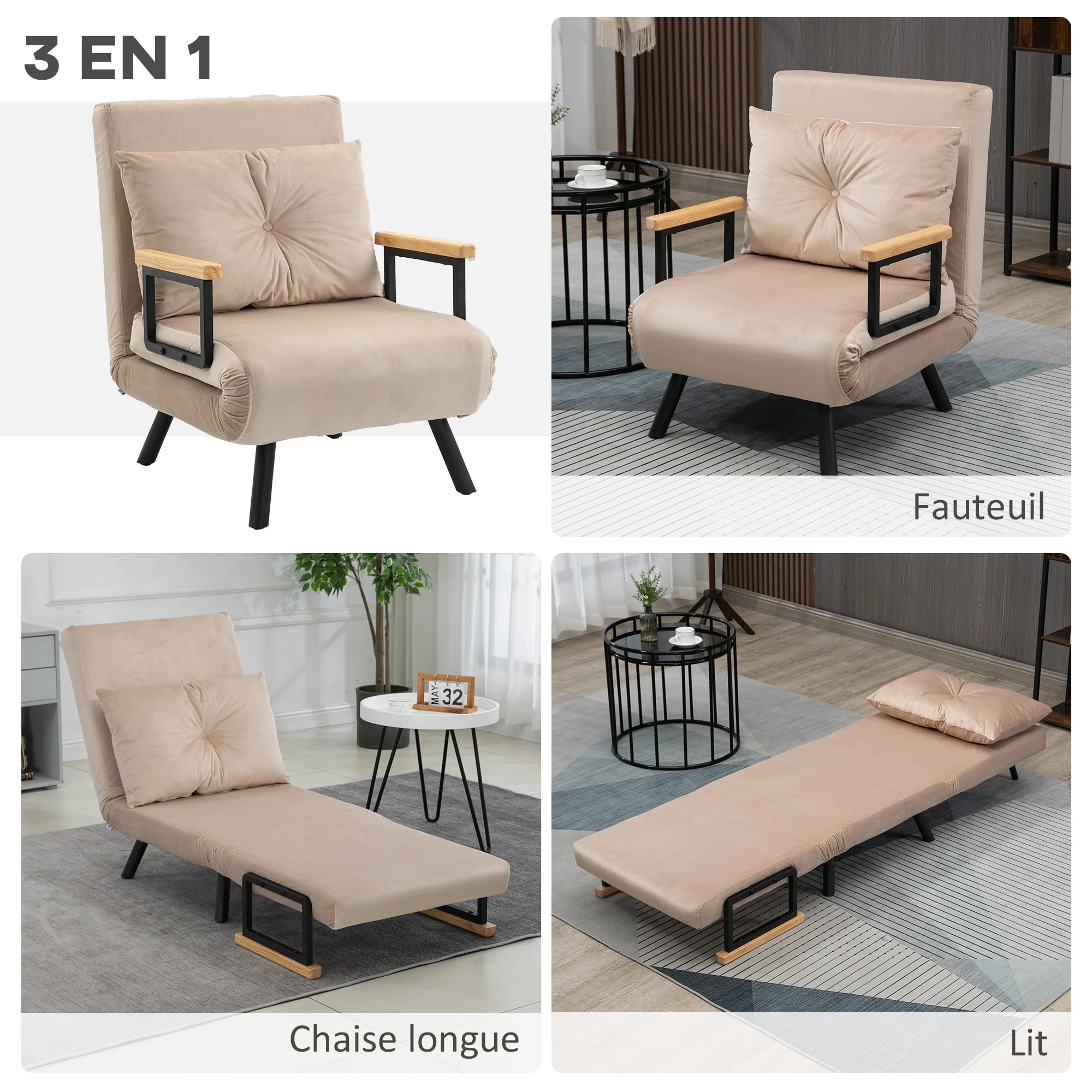 Fauteuil convertible 1 place chauffeuse 4 en 1 canapé convertible fauteuil lit avec dossier réglable en 5 positions, coussin inclus, canapé-lit 1 place pour invités, salon, charge 120 kg beige - Image 5
