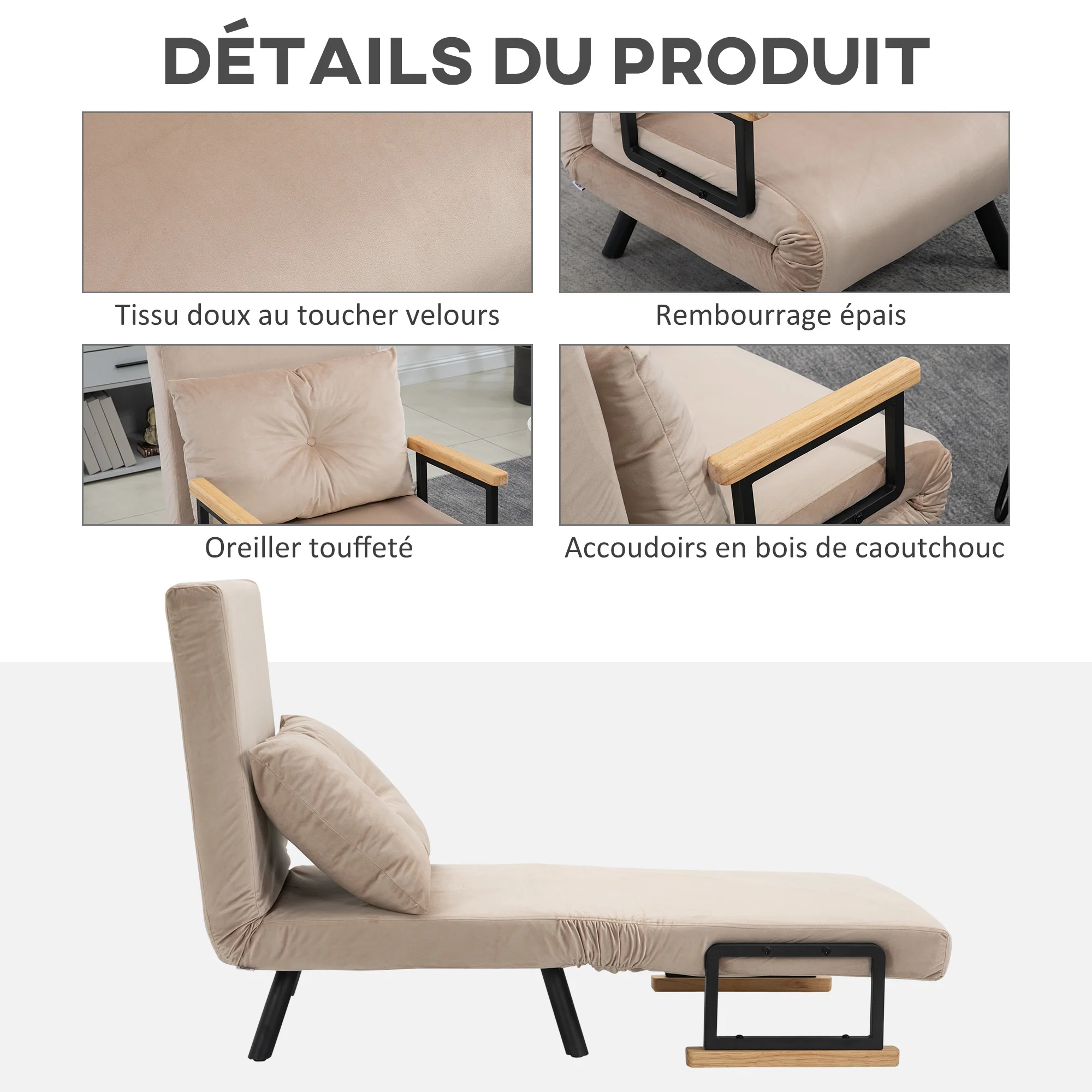 Fauteuil convertible 1 place chauffeuse 4 en 1 canapé convertible fauteuil lit avec dossier réglable en 5 positions, coussin inclus, canapé-lit 1 place pour invités, salon, charge 120 kg beige - Image 7