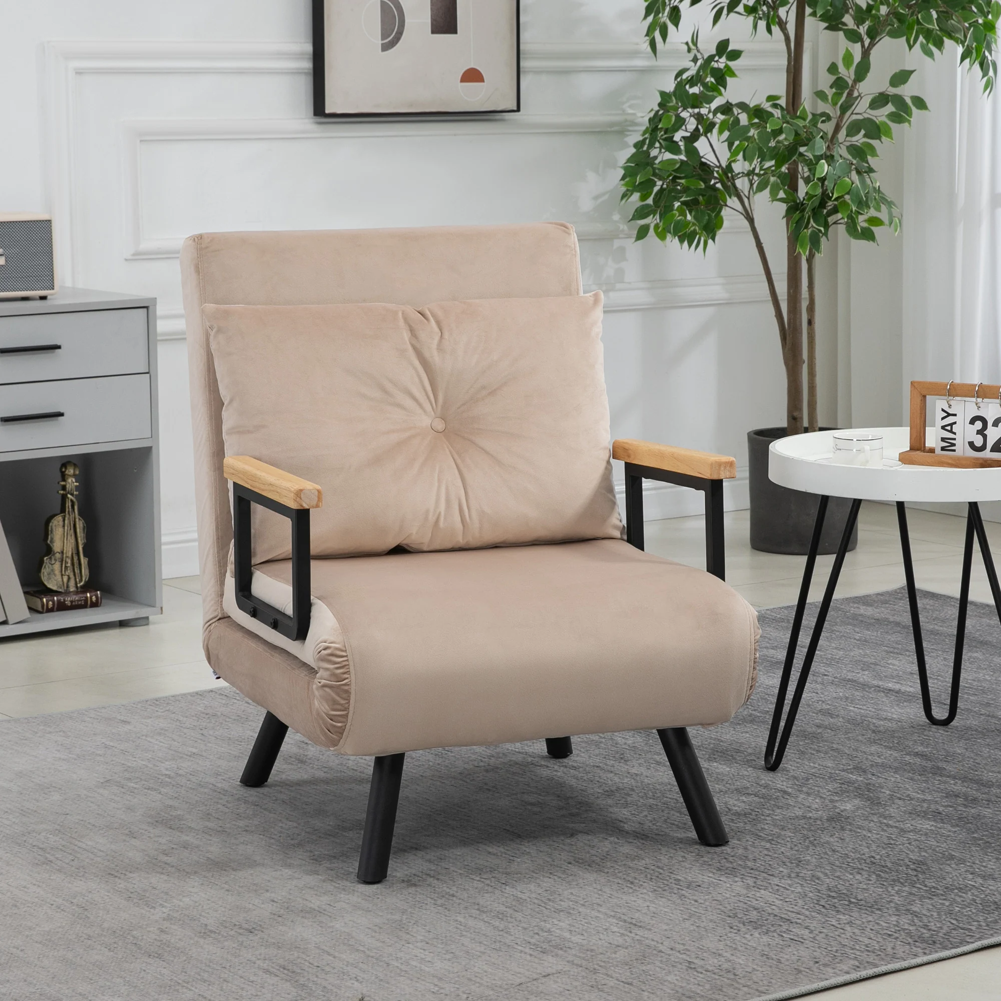Fauteuil convertible 1 place chauffeuse 4 en 1 canapé convertible fauteuil lit avec dossier réglable en 5 positions, coussin inclus, canapé-lit 1 place pour invités, salon, charge 120 kg beige - Image 8