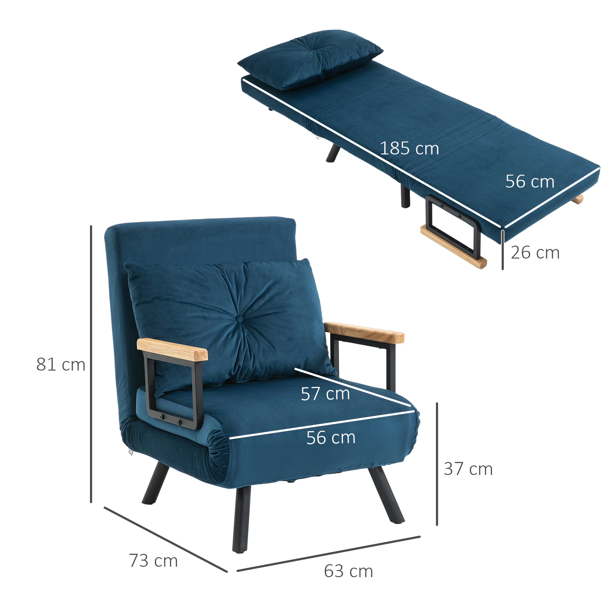 Fauteuil convertible 1 place chauffeuse 4 en 1 canapé convertible fauteuil lit avec dossier réglable en 5 positions, coussin inclus, canapé-lit 1 place pour invités, salon, charge 120 kg bleu - Image 4