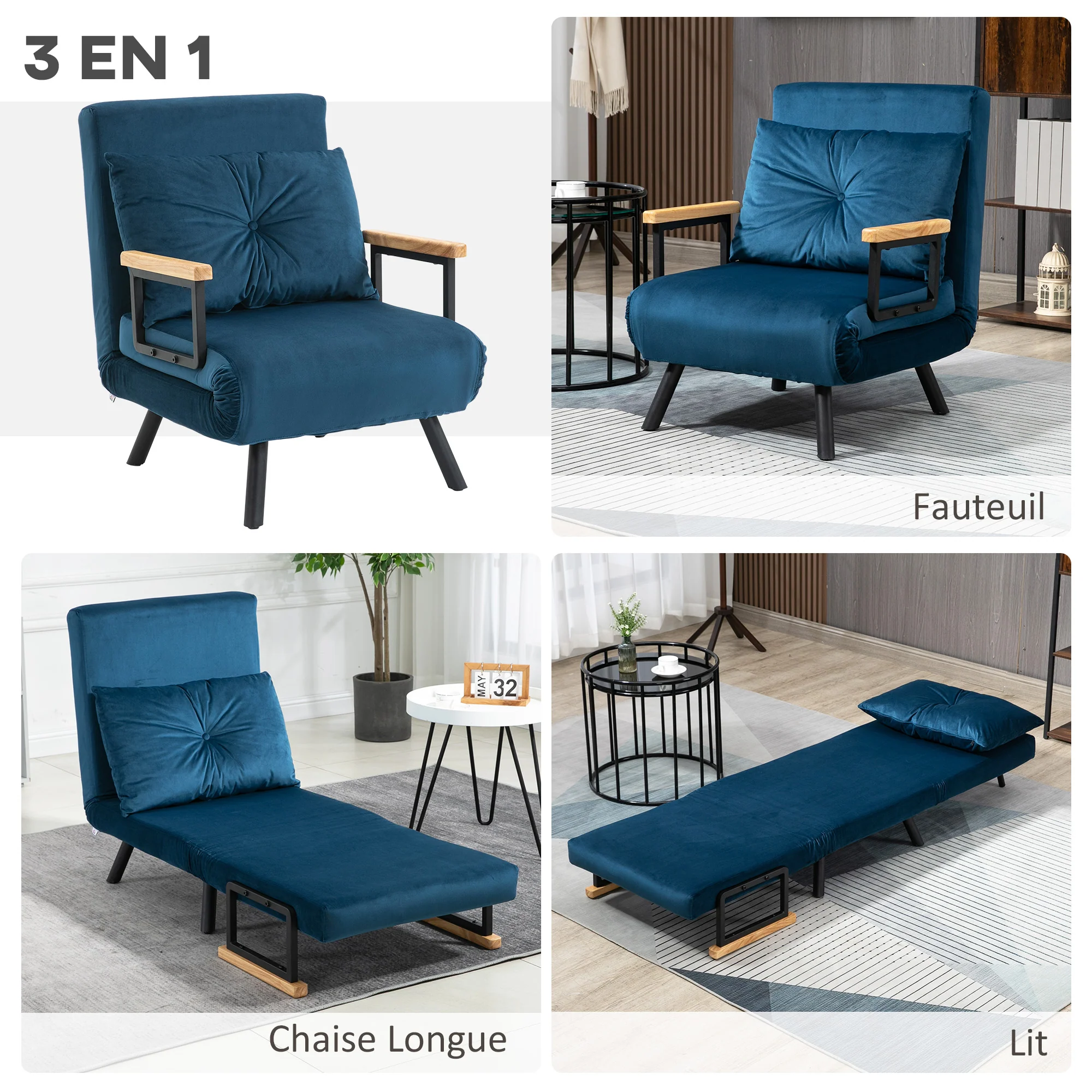 Fauteuil convertible 1 place chauffeuse 4 en 1 canapé convertible fauteuil lit avec dossier réglable en 5 positions, coussin inclus, canapé-lit 1 place pour invités, salon, charge 120 kg bleu - Image 5