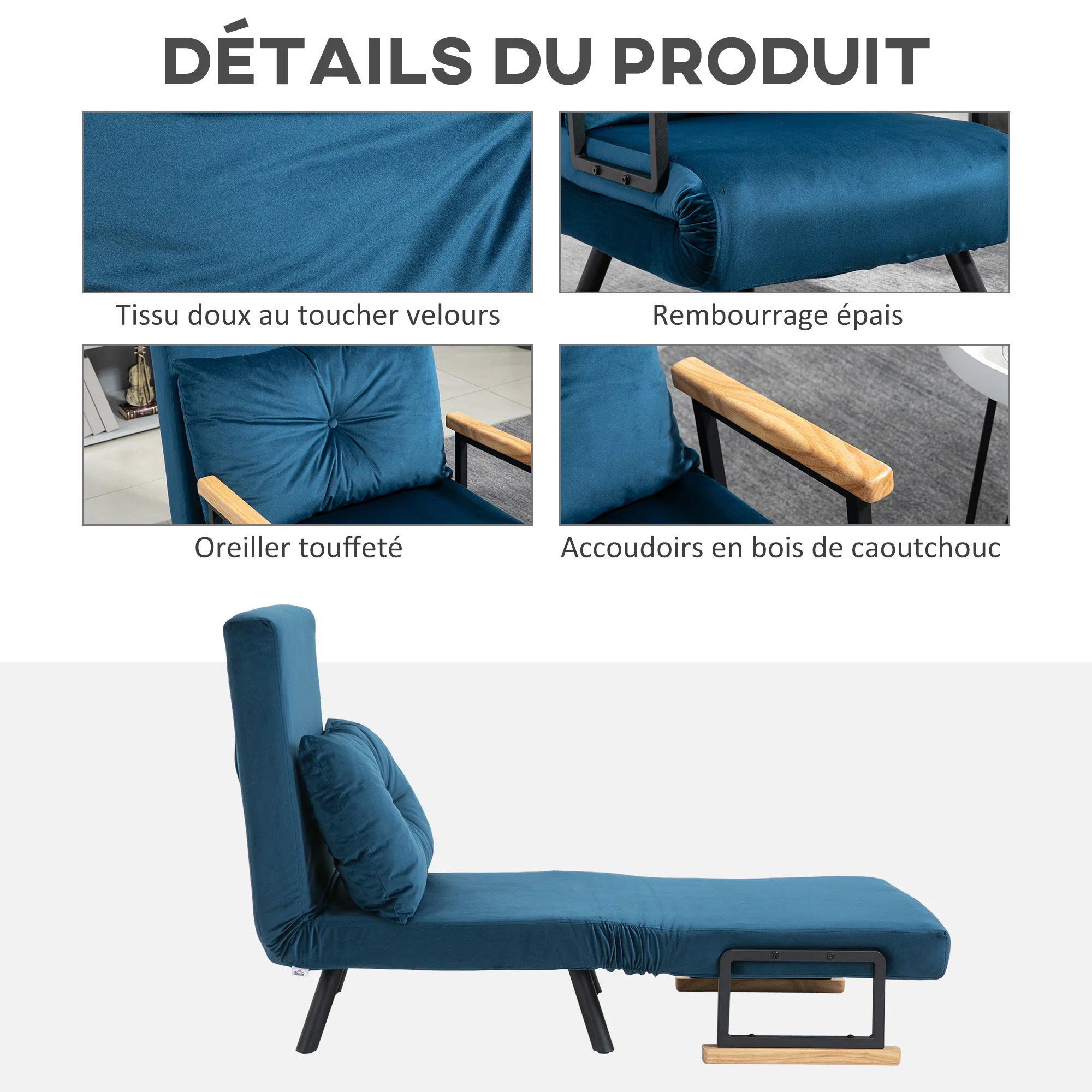 Fauteuil convertible 1 place chauffeuse 4 en 1 canapé convertible fauteuil lit avec dossier réglable en 5 positions, coussin inclus, canapé-lit 1 place pour invités, salon, charge 120 kg bleu - Image 7