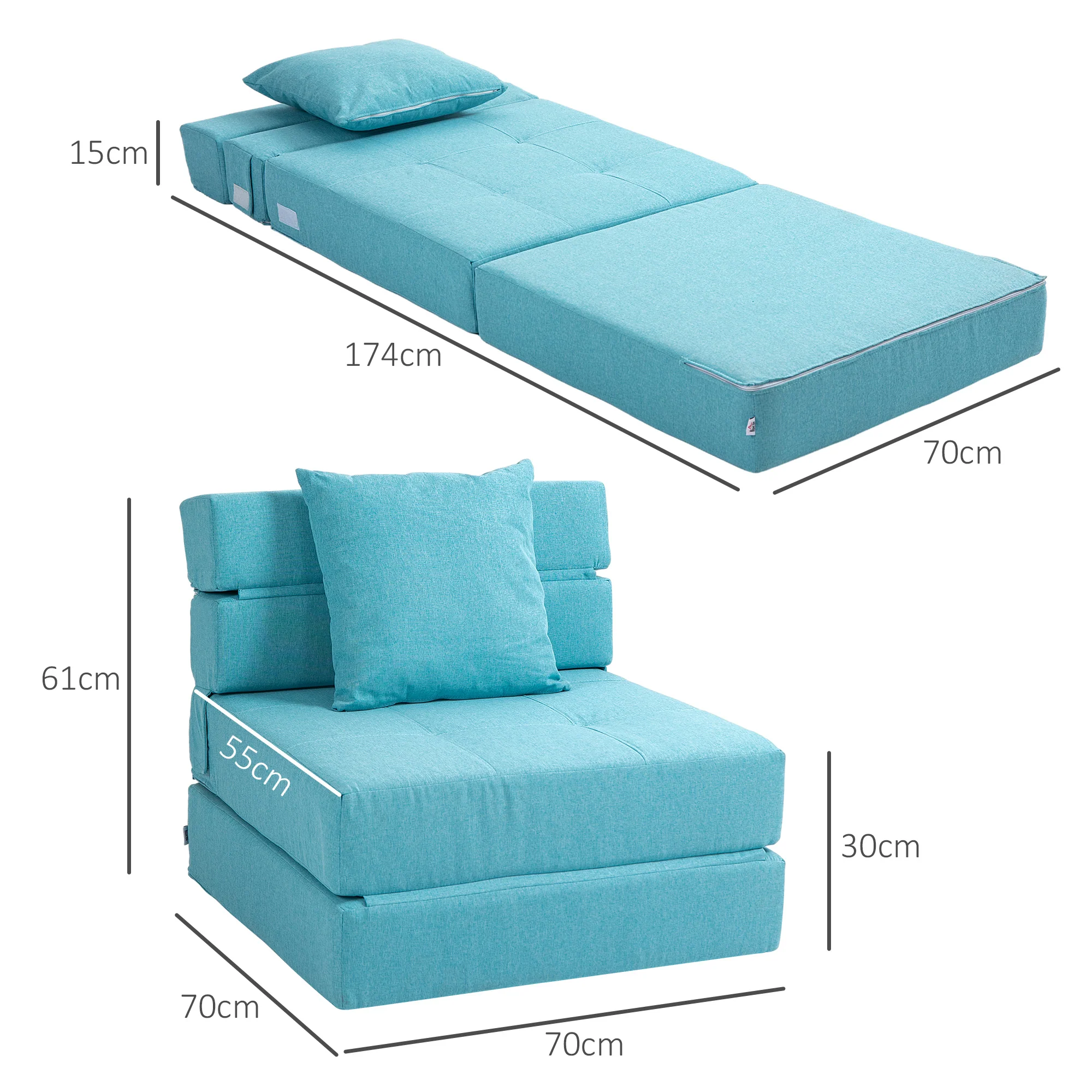 Fauteuil convertible 1 place fauteuil lit chauffeuse 1 place - coussin déhoussable inclus - chaise de sol pour invités, salon, charge 120 kg, bleu - Image 4