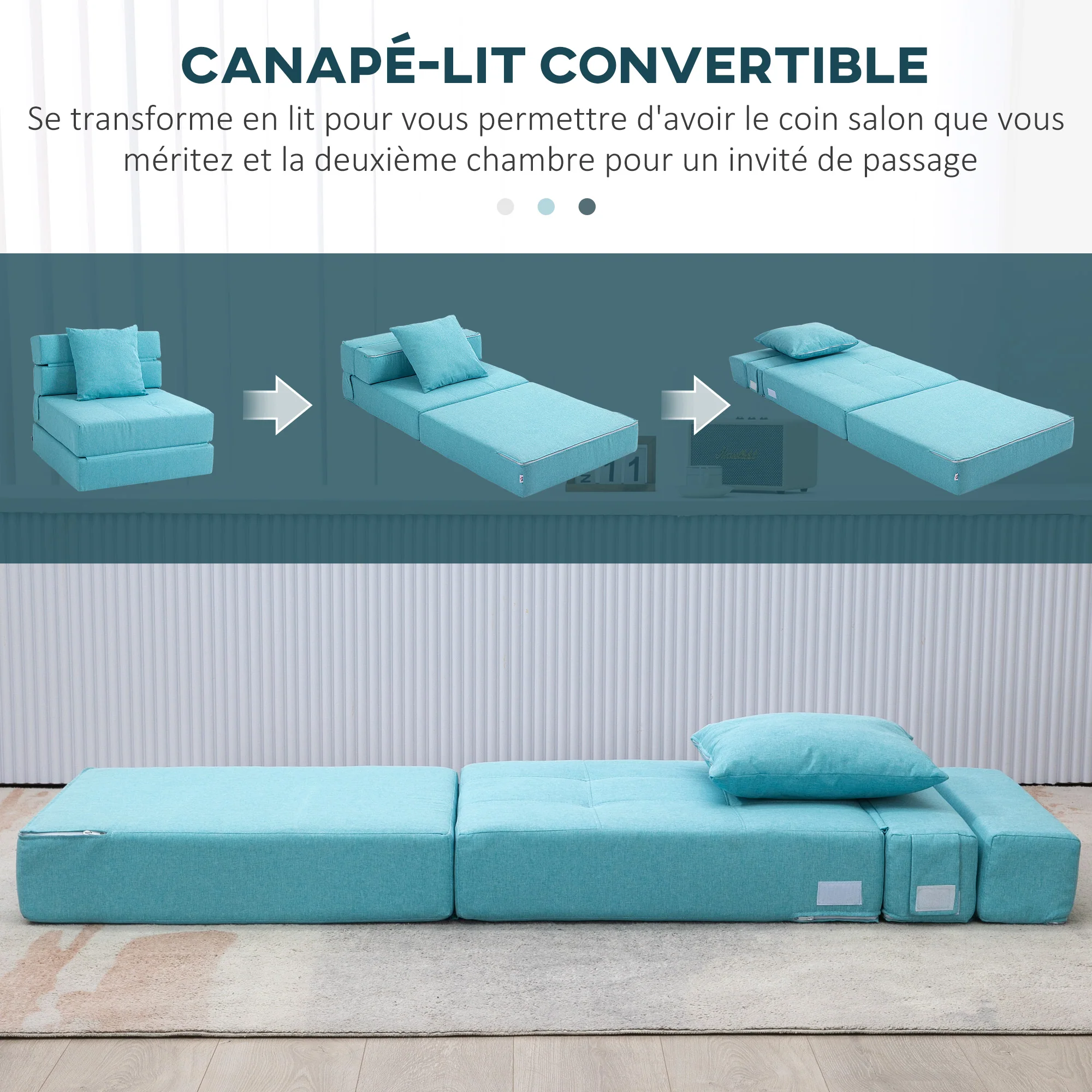 Fauteuil convertible 1 place fauteuil lit chauffeuse 1 place - coussin déhoussable inclus - chaise de sol pour invités, salon, charge 120 kg, bleu - Image 5