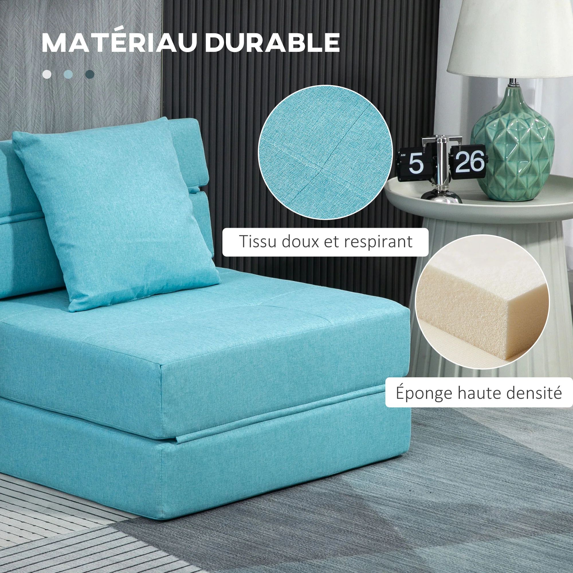 Fauteuil convertible 1 place fauteuil lit chauffeuse 1 place - coussin déhoussable inclus - chaise de sol pour invités, salon, charge 120 kg, bleu - Image 6