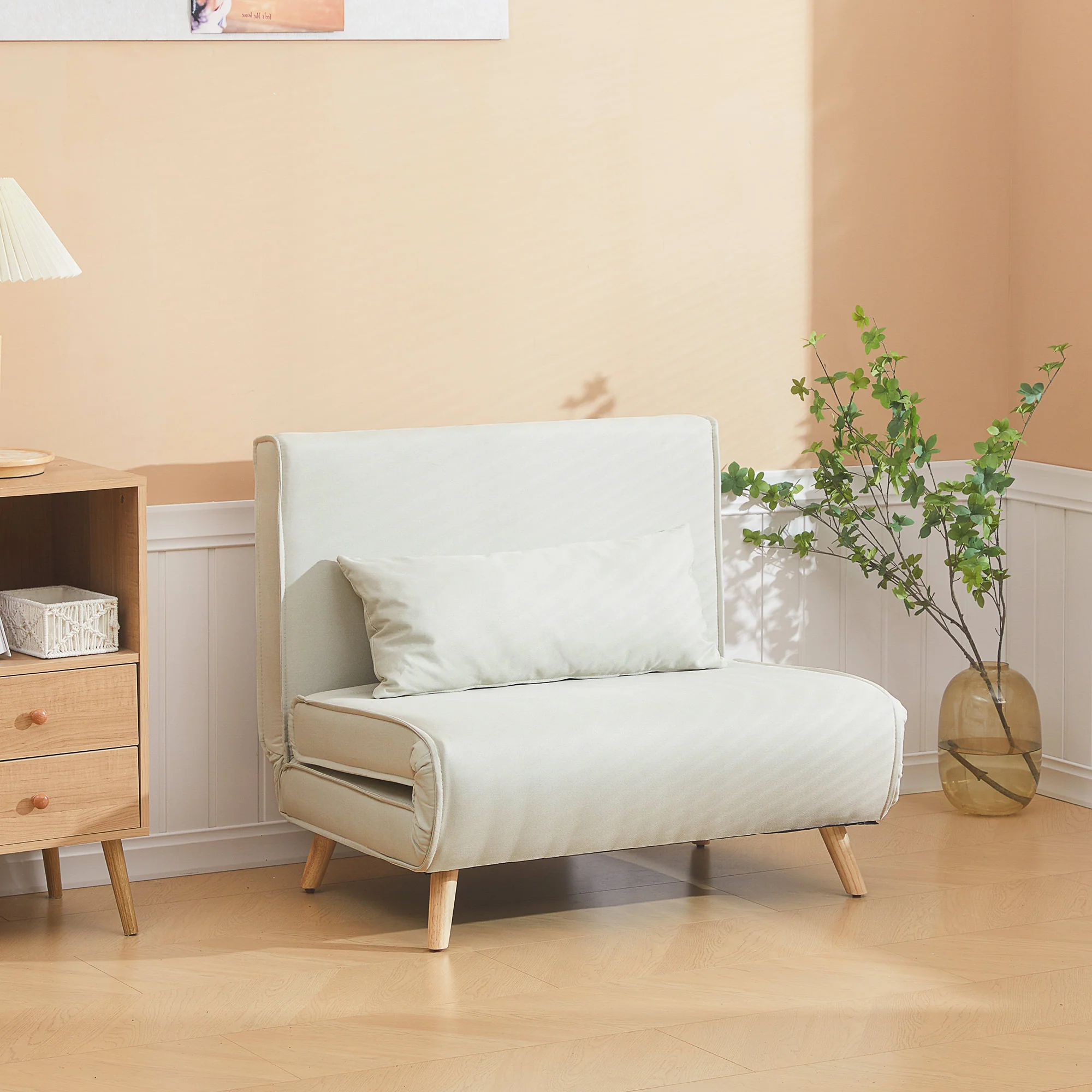 fauteuil convertible 1 place, fauteuil-lit chauffeuse 3 en 1 avec dossier réglable 6 positions, oreiller, siège rembourré, tissu en lin, canapé-lit pour invités, salon, bureau, crème - Image 3