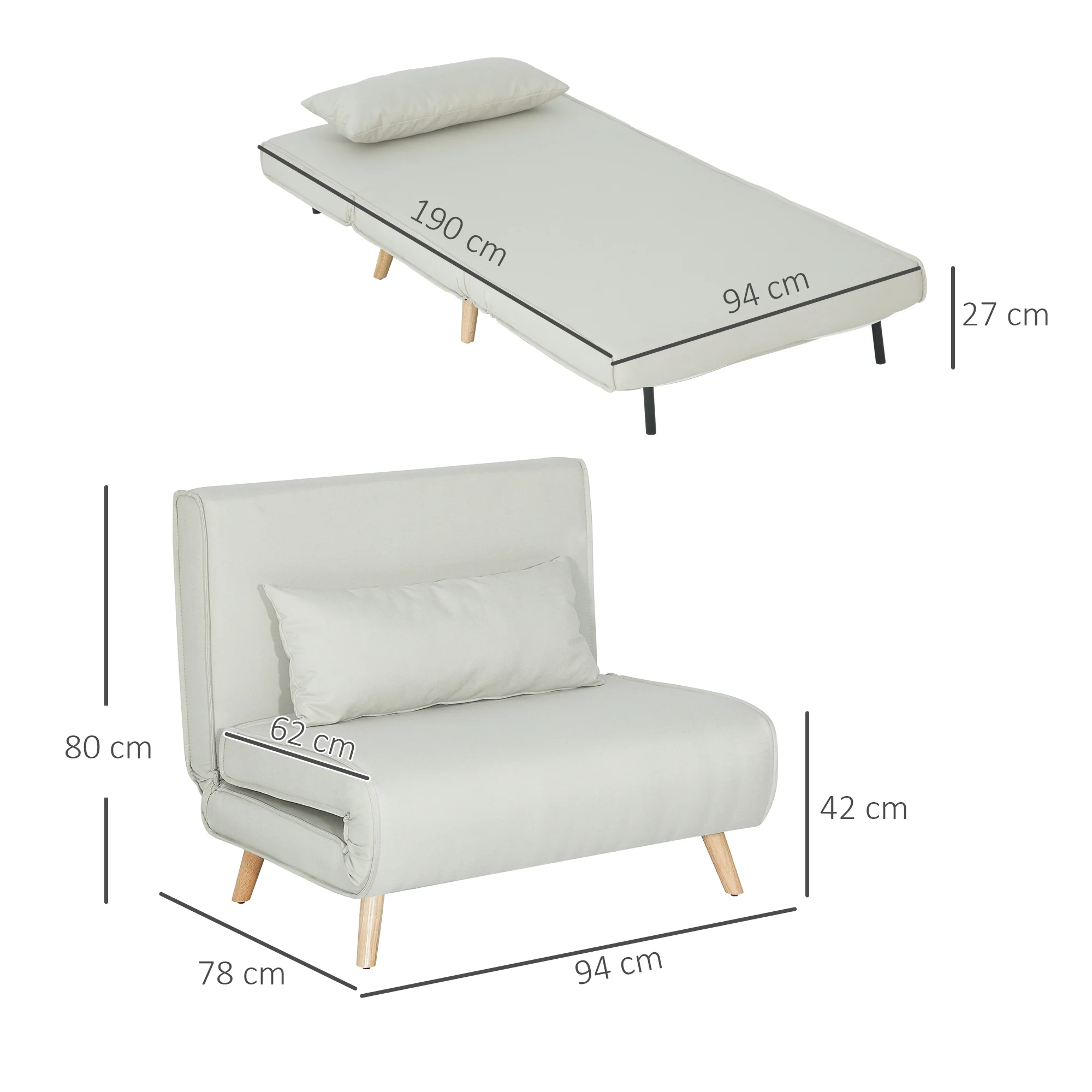 fauteuil convertible 1 place, fauteuil-lit chauffeuse 3 en 1 avec dossier réglable 6 positions, oreiller, siège rembourré, tissu en lin, canapé-lit pour invités, salon, bureau, crème - Image 4
