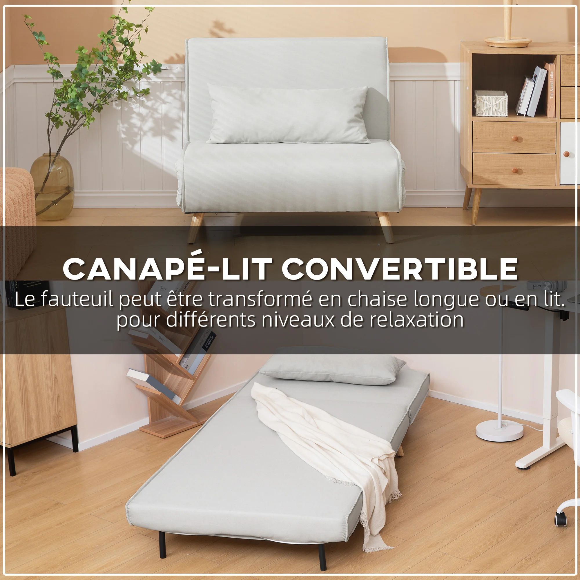fauteuil convertible 1 place, fauteuil-lit chauffeuse 3 en 1 avec dossier réglable 6 positions, oreiller, siège rembourré, tissu en lin, canapé-lit pour invités, salon, bureau, crème - Image 5