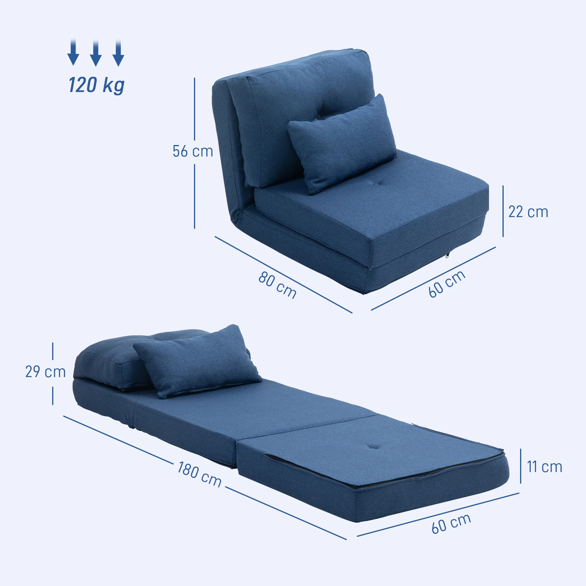 Fauteuil convertible 1 place fauteuil paresseux lit chauffeuse 1 place - coussin inclus, dossier réglable - salon, charge 120 kg, tissu lin bleu foncé - Image 4