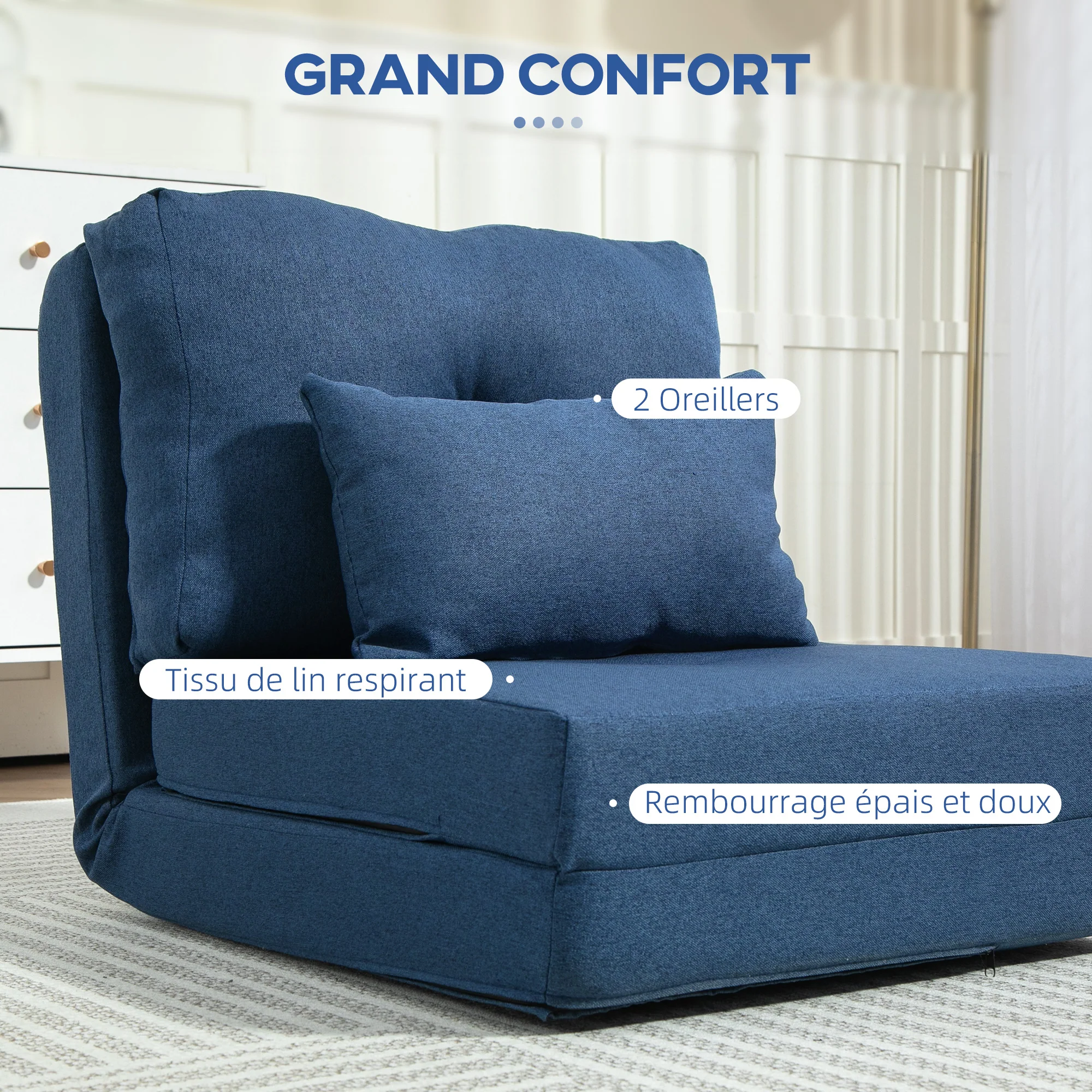 Fauteuil convertible 1 place fauteuil paresseux lit chauffeuse 1 place - coussin inclus, dossier réglable - salon, charge 120 kg, tissu lin bleu foncé - Image 7