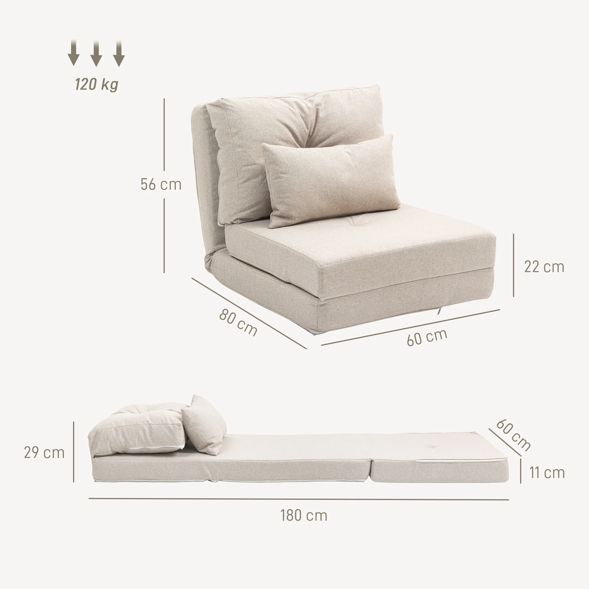 Fauteuil convertible 1 place fauteuil paresseux lit chauffeuse 1 place - coussin inclus, dossier réglable - salon, charge 120 kg, tissu lin beige - Image 4