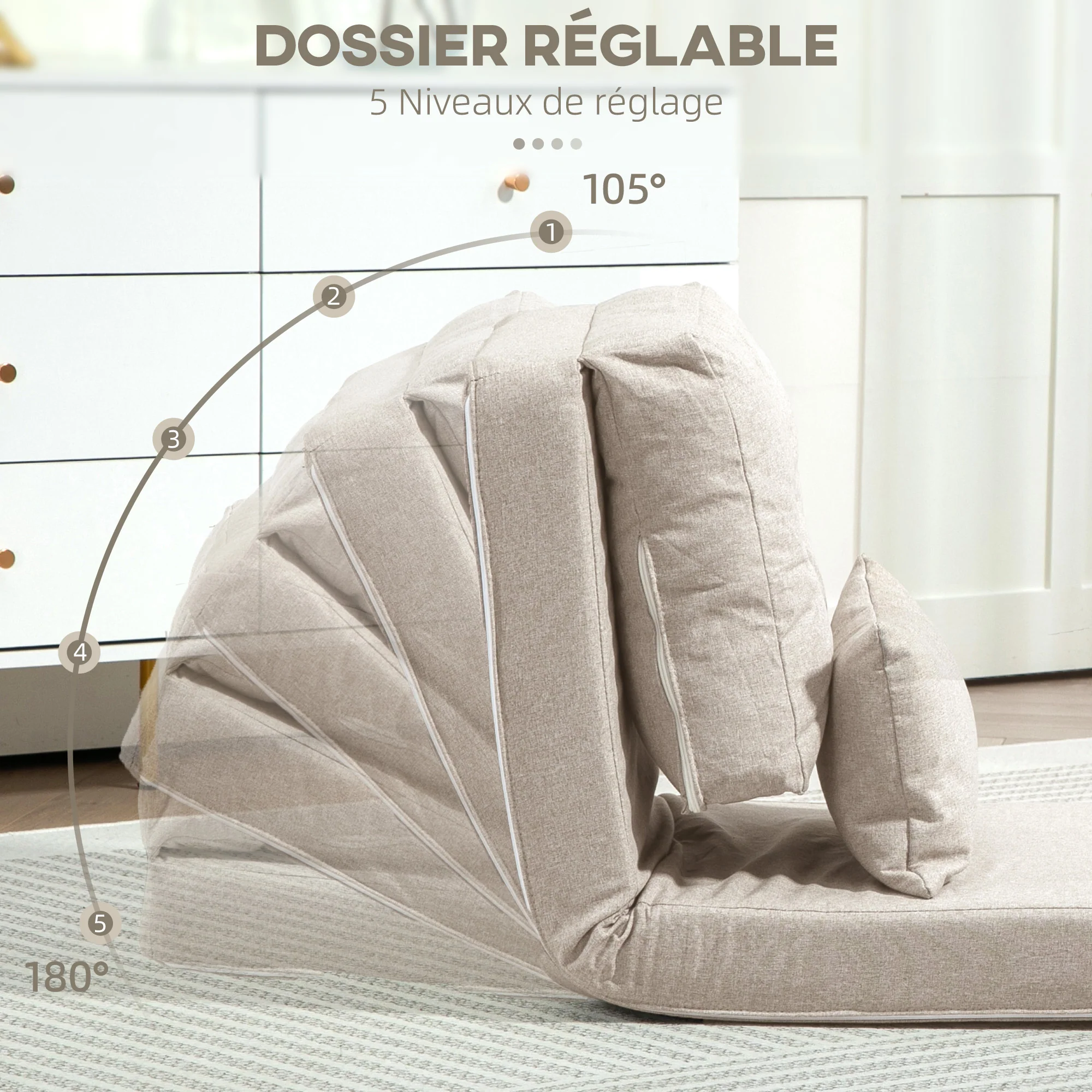 Fauteuil convertible 1 place fauteuil paresseux lit chauffeuse 1 place - coussin inclus, dossier réglable - salon, charge 120 kg, tissu lin beige - Image 5