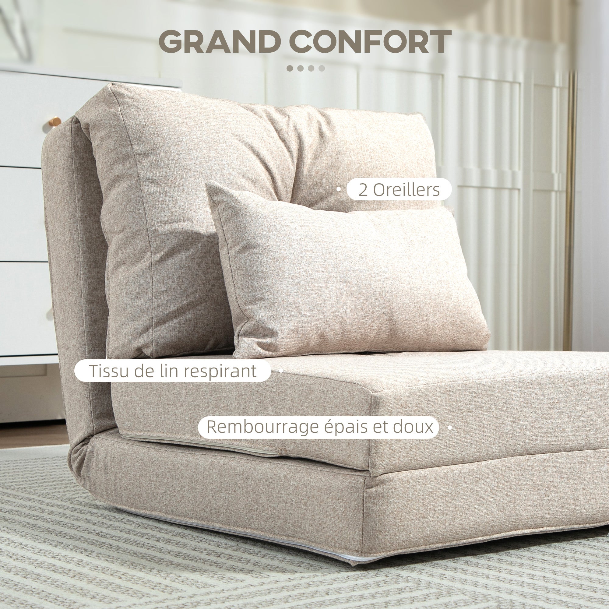 Fauteuil convertible 1 place fauteuil paresseux lit chauffeuse 1 place - coussin inclus, dossier réglable - salon, charge 120 kg, tissu lin beige - Image 7
