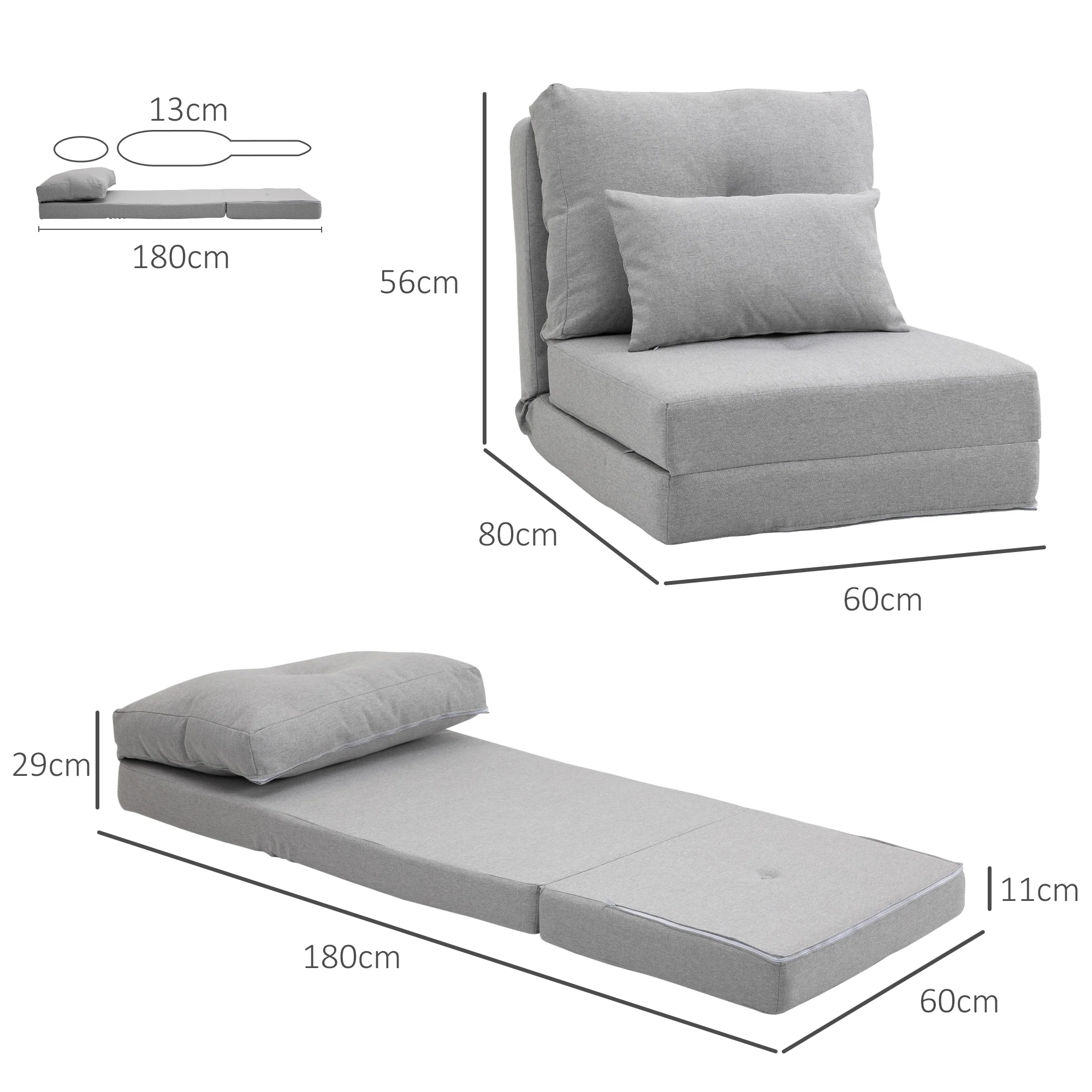 Fauteuil convertible 1 place fauteuil paresseux lit chauffeuse 1 place - coussin inclus, dossier réglable - salon, charge 120 kg, tissu lin gris clair - Image 4