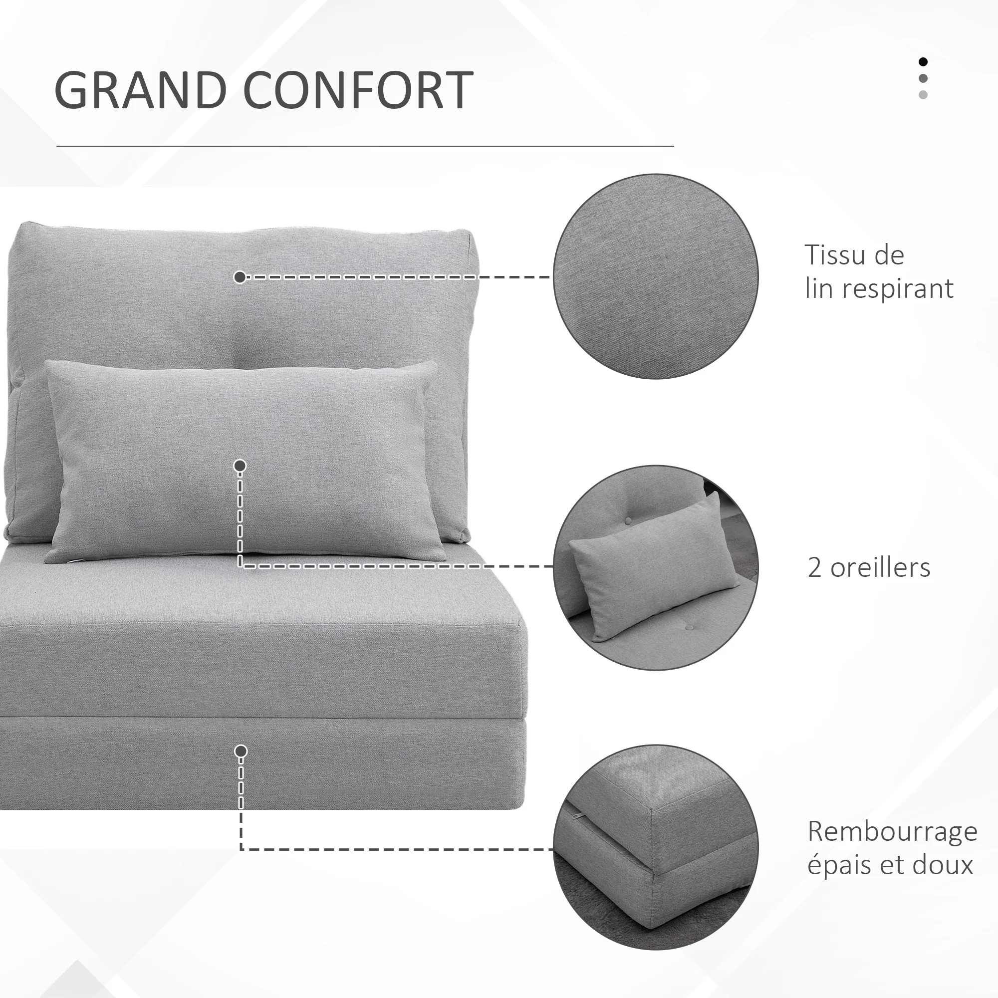 Fauteuil convertible 1 place fauteuil paresseux lit chauffeuse 1 place - coussin inclus, dossier réglable - salon, charge 120 kg, tissu lin gris clair - Image 7