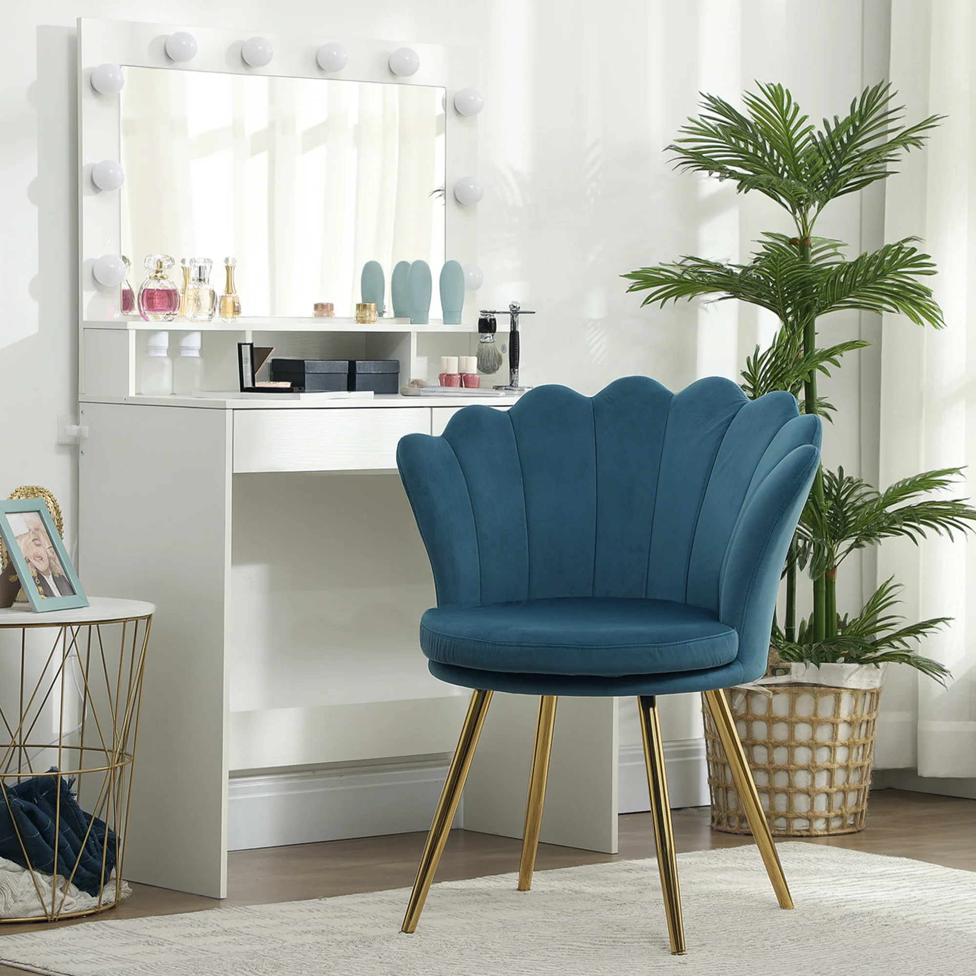 Fauteuil coquillage chaise coiffeuse fauteuil en velours avec pieds en métal doré pour salon chambre et salle à manger 67l x 64P x 77H cm bleu - Image 10