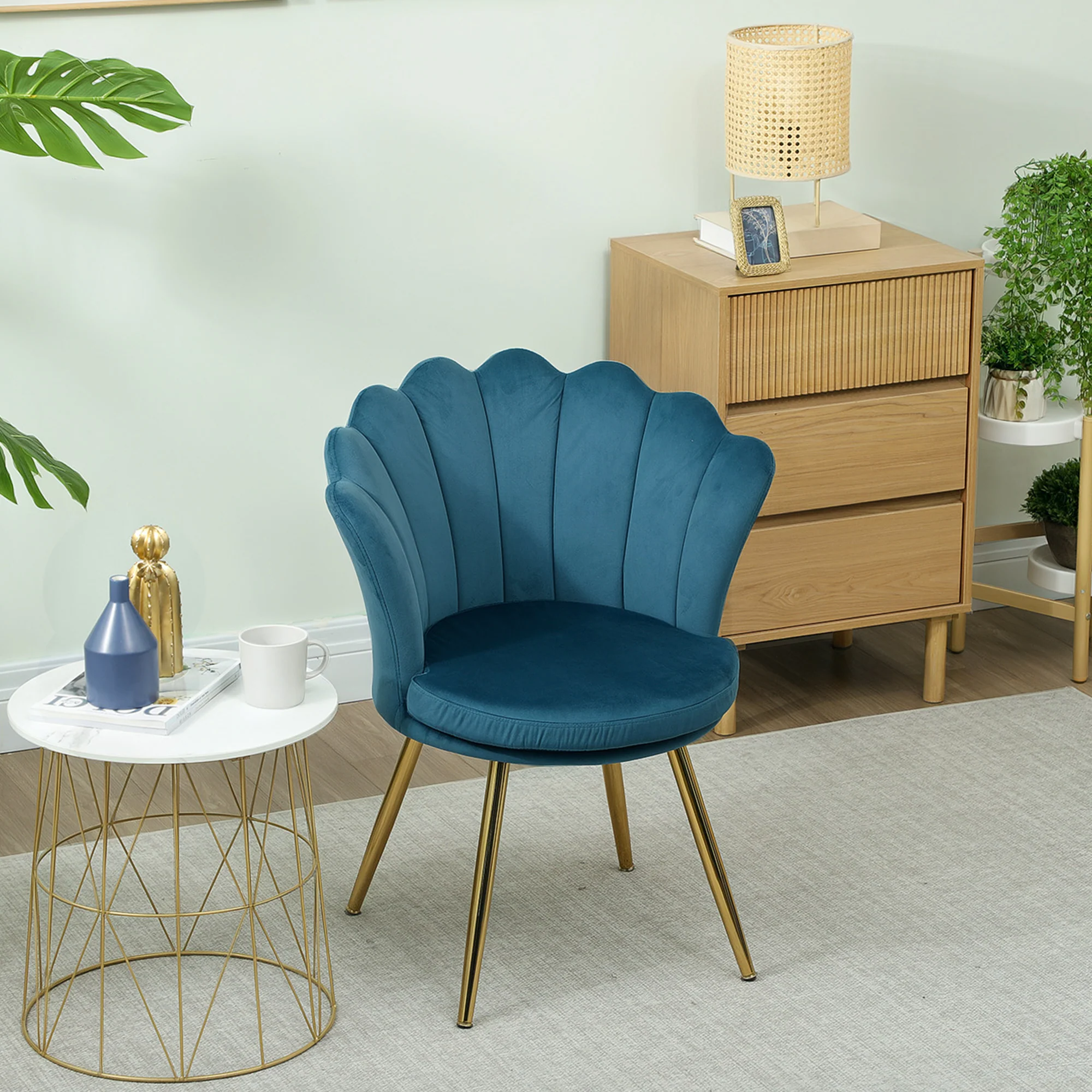 Fauteuil coquillage chaise coiffeuse fauteuil en velours avec pieds en métal doré pour salon chambre et salle à manger 67l x 64P x 77H cm bleu - Image 11