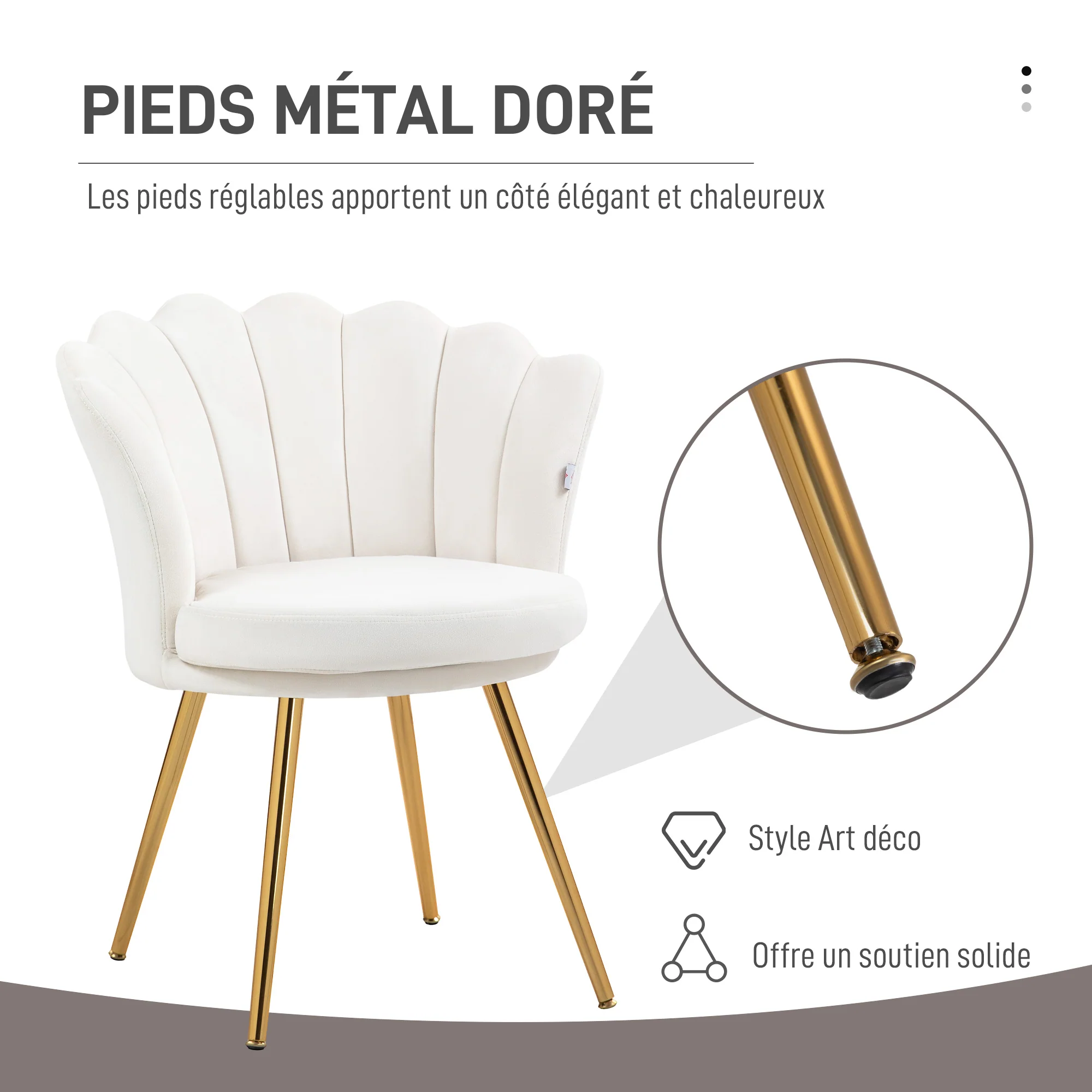 Fauteuil coquillage chaise coiffeuse fauteuil en velours fauteuil de salon avec pieds en métal doré pour salon chambre et salle à manger 67l x 64P x 77H cm crème - Image 5