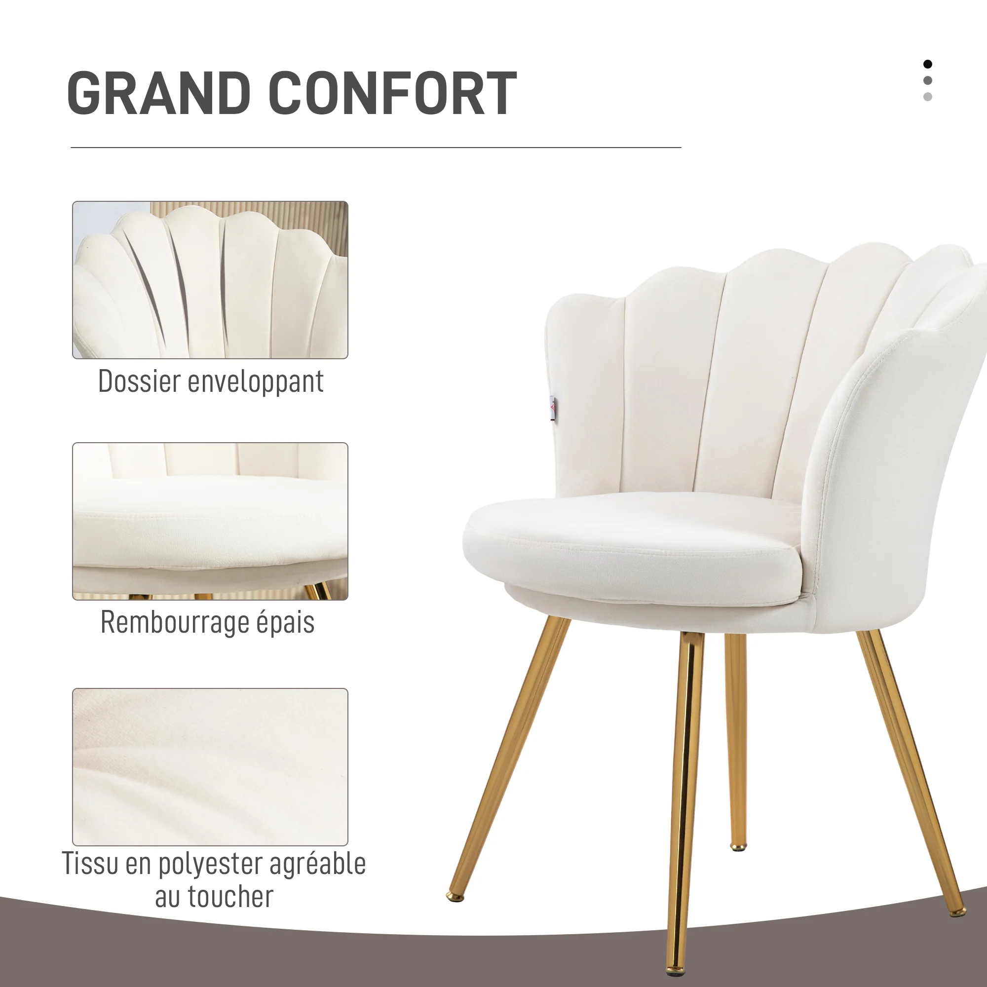 Fauteuil coquillage chaise coiffeuse fauteuil en velours fauteuil de salon avec pieds en métal doré pour salon chambre et salle à manger 67l x 64P x 77H cm crème - Image 7