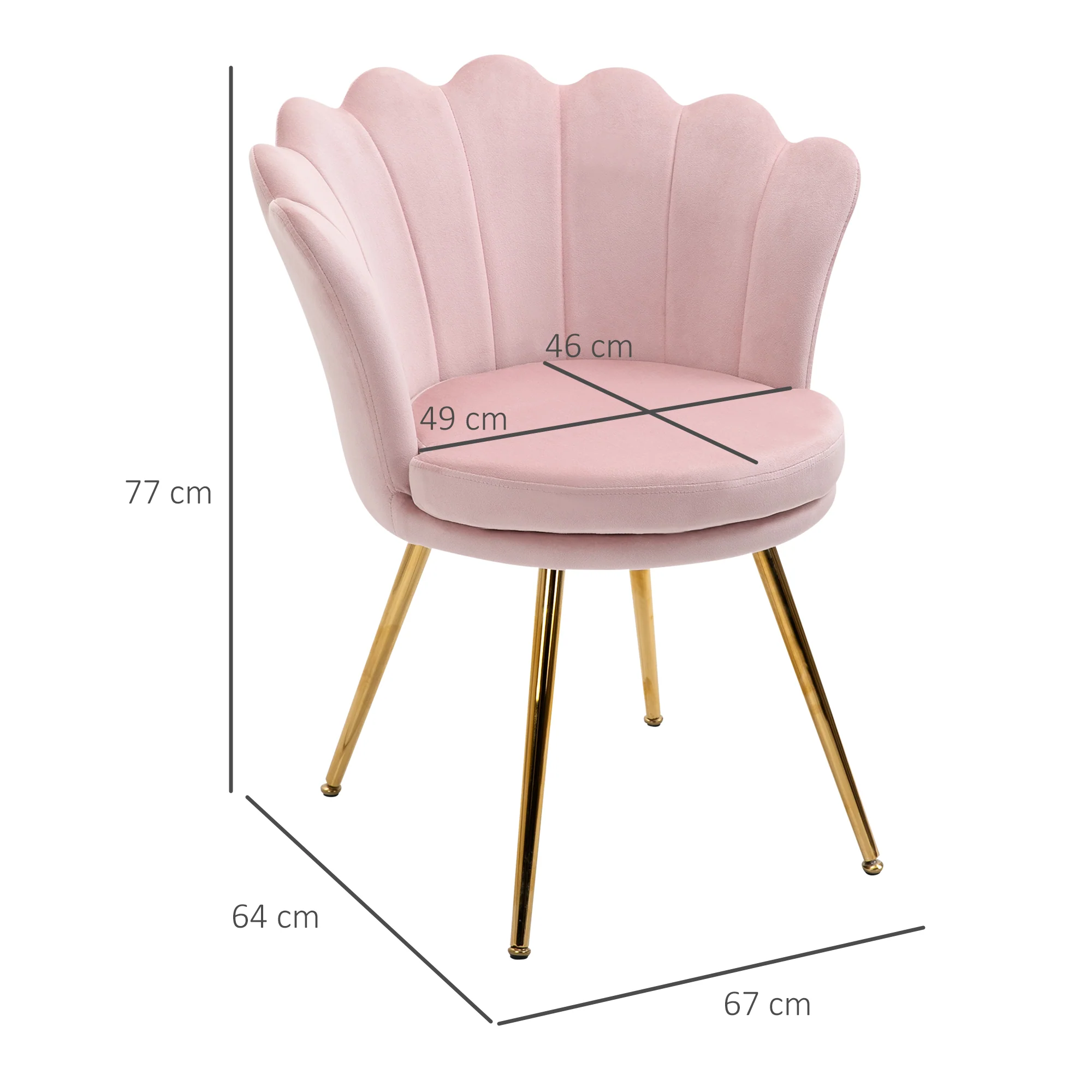 Fauteuil coquillage chaise coiffeuse fauteuil en velours fauteuil de salon avec pieds en métal doré pour salon chambre et salle à manger 67l x 64P x 77H cm rose poudré - Image 4