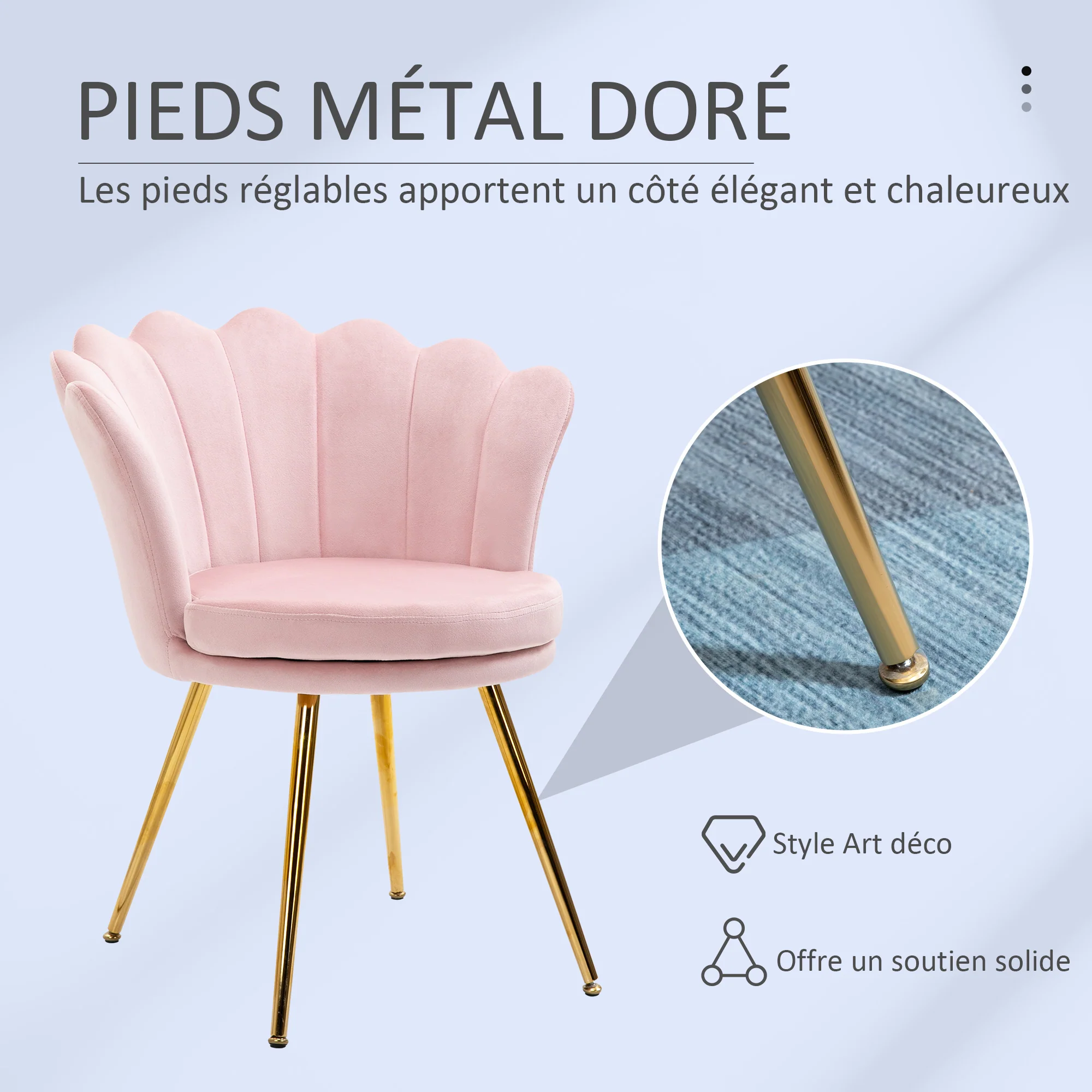 Fauteuil coquillage chaise coiffeuse fauteuil en velours fauteuil de salon avec pieds en métal doré pour salon chambre et salle à manger 67l x 64P x 77H cm rose poudré - Image 5