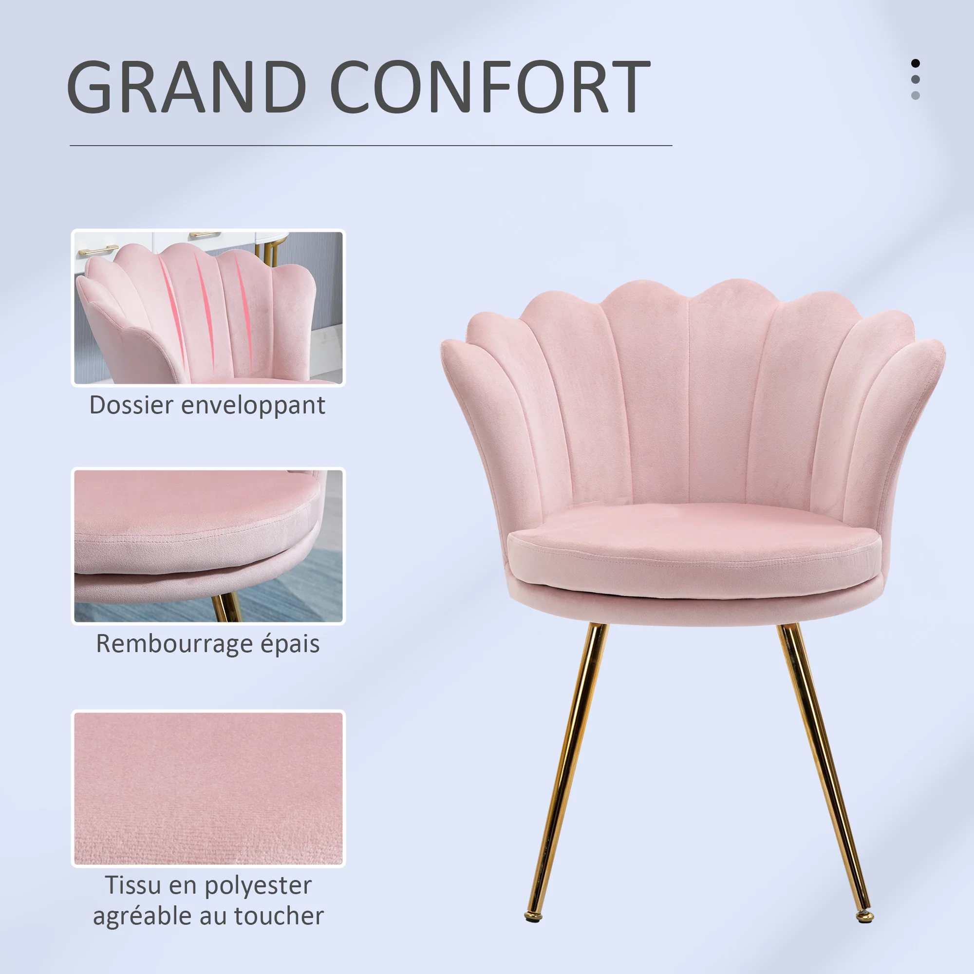 Fauteuil coquillage chaise coiffeuse fauteuil en velours fauteuil de salon avec pieds en métal doré pour salon chambre et salle à manger 67l x 64P x 77H cm rose poudré - Image 7