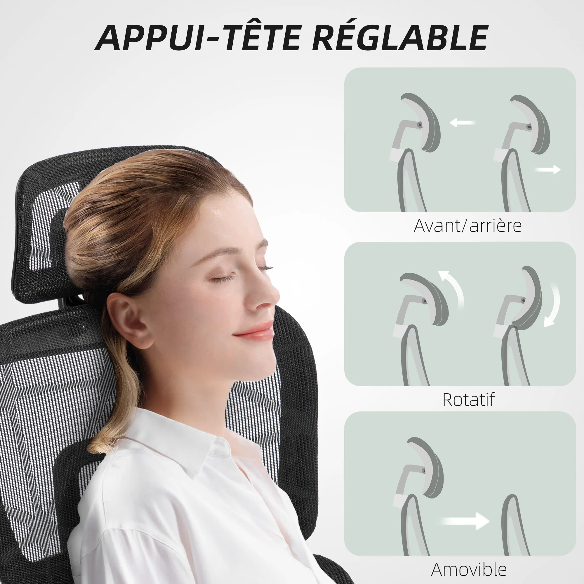 Fauteuil de bureau avec accoudoirs 3D, chaise de bureau ergonomique en maille, hauteur réglable, dossier inclinable, support lombaire, appui-tête et repose-pieds, pour chambre télétravail, noir - Image 10