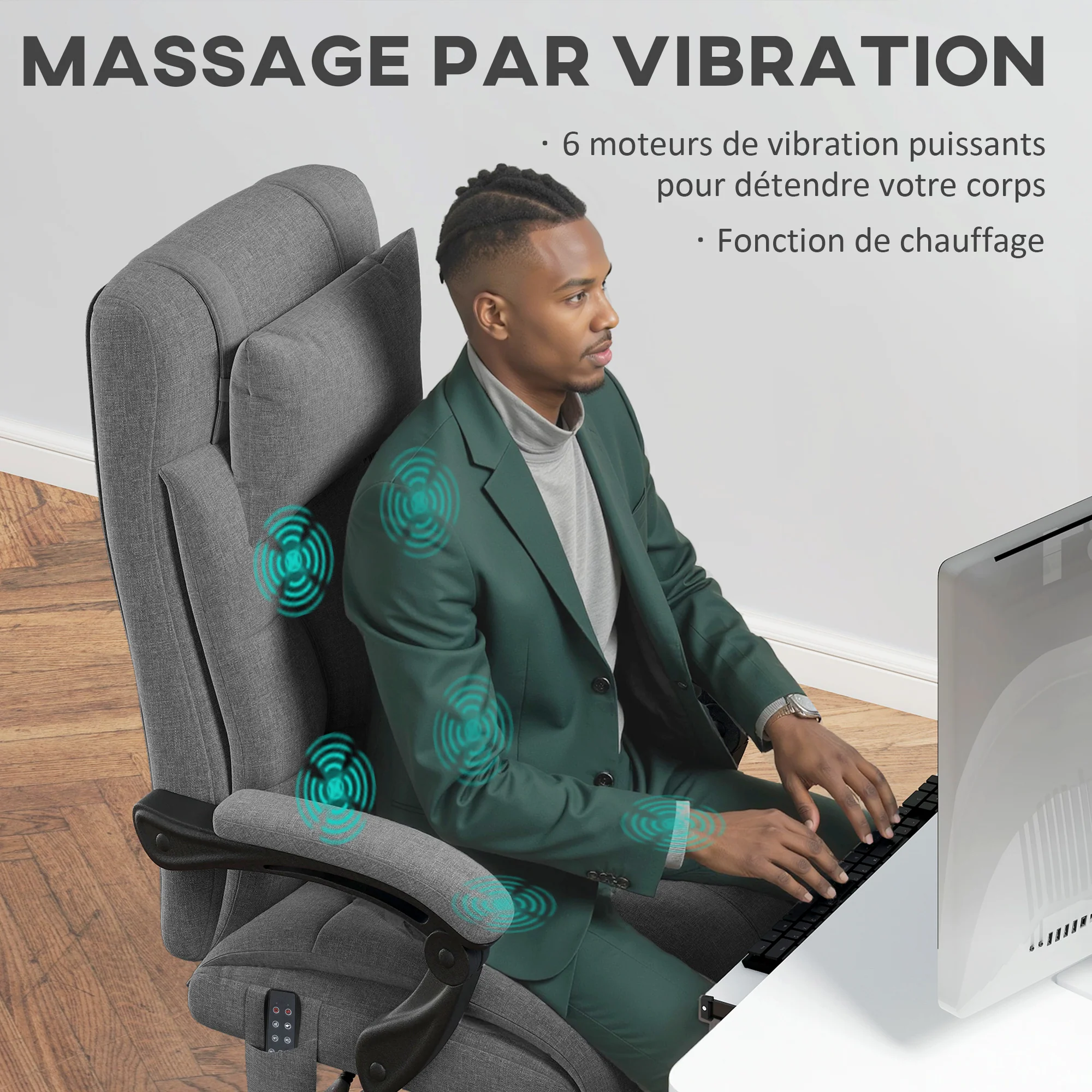 Fauteuil de bureau avec massage et chauffant, chaise de bureau ergonomique, repose-pied, vérin à gaz TUV, appuie-tête amovible et dossier inclinable, hauteur réglable, gris - Image 5