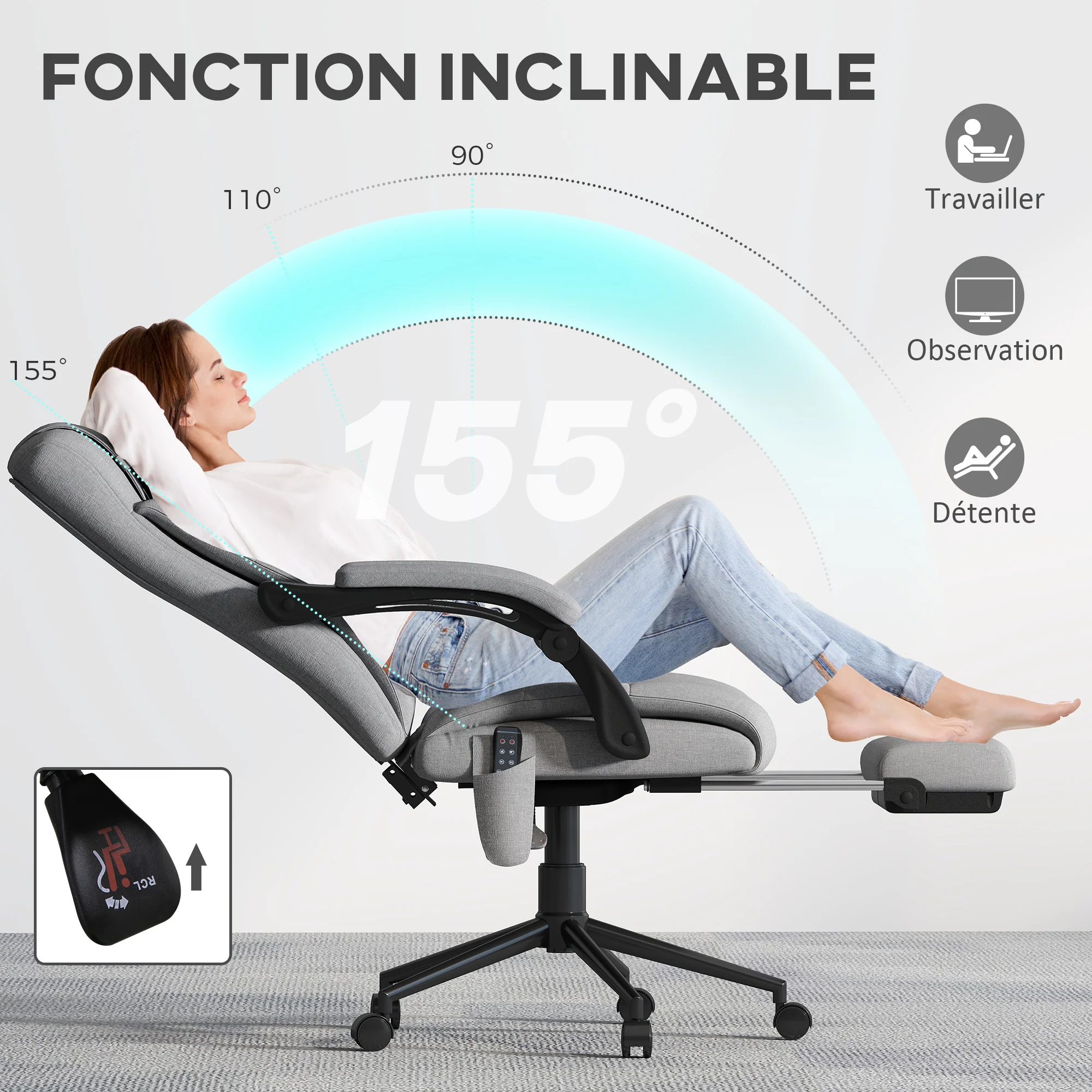 Fauteuil de bureau avec massage et chauffant, chaise de bureau ergonomique, repose-pied, vérin à gaz TUV, appuie-tête amovible et dossier inclinable, hauteur réglable, gris - Image 7