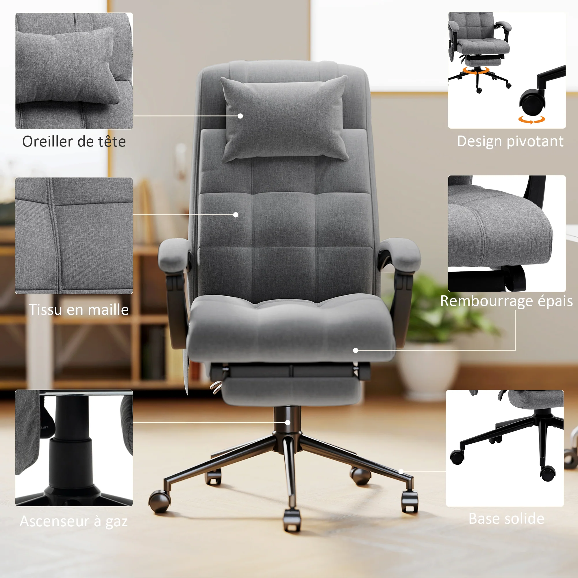 Fauteuil de bureau avec massage et chauffant, chaise de bureau ergonomique, repose-pied, vérin à gaz TUV, appuie-tête amovible et dossier inclinable, hauteur réglable, gris - Image 8