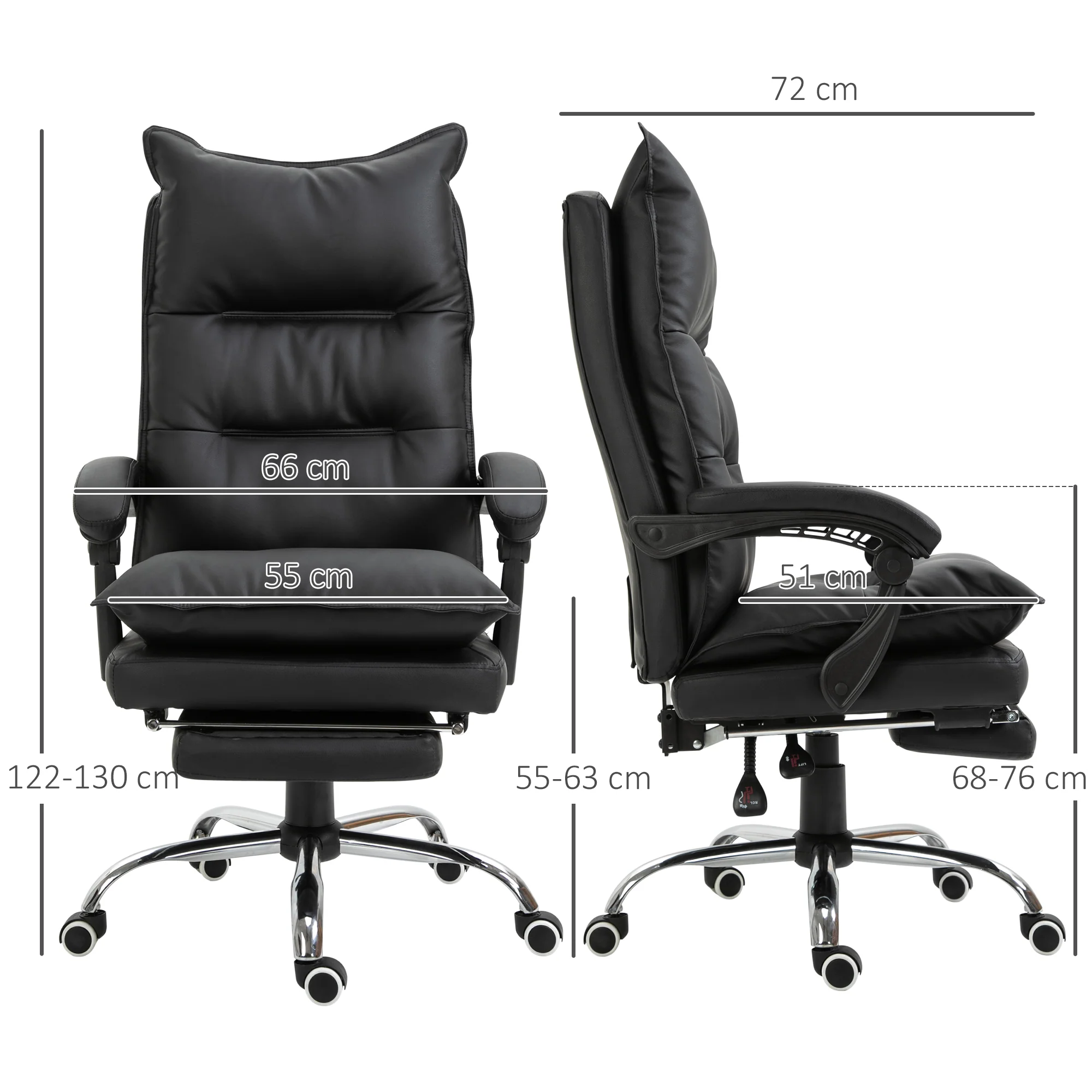 Fauteuil de bureau, chaise bureau ergonomique en similicuir avec large assise rembourrée, dossier inclinable, hauteur réglable, accoudoirs et repose-pied intégrés, charge 135 Kg, noir - Image 4
