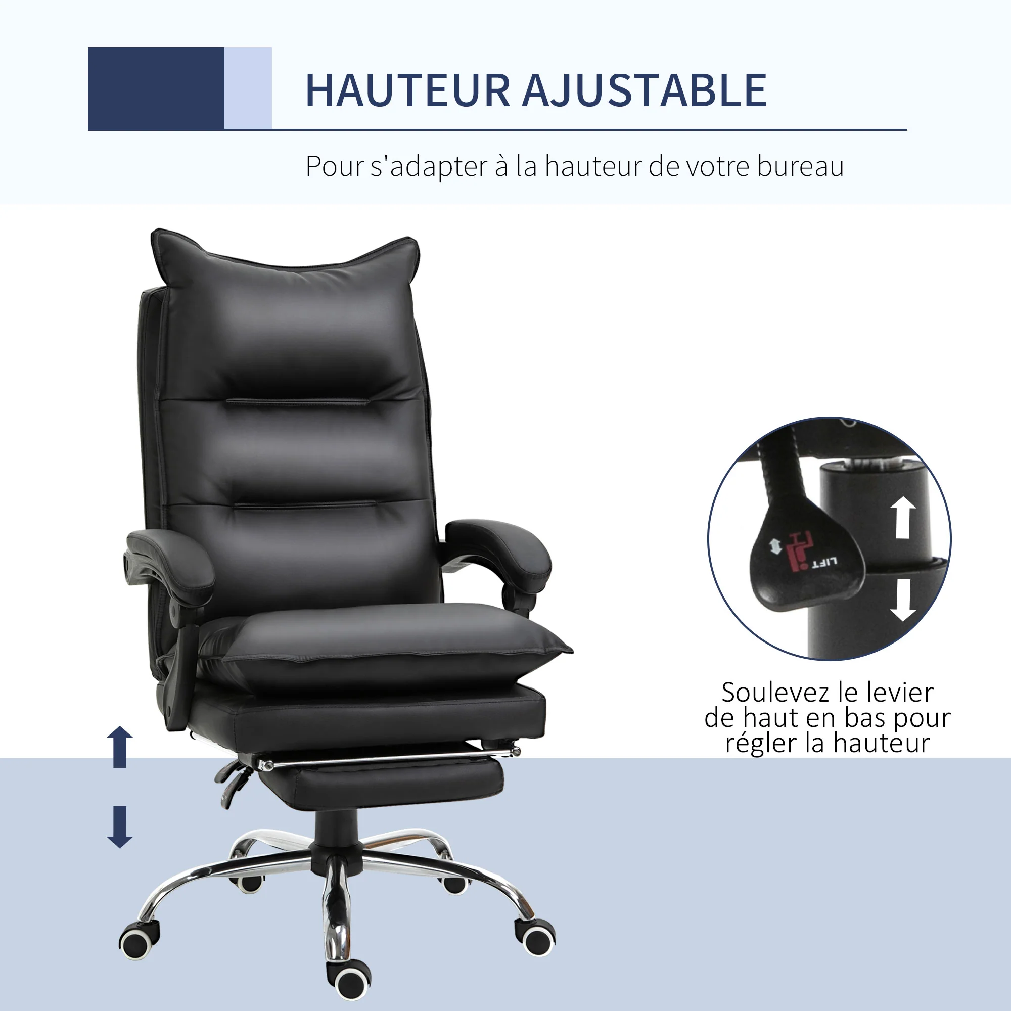 Fauteuil de bureau, chaise bureau ergonomique en similicuir avec large assise rembourrée, dossier inclinable, hauteur réglable, accoudoirs et repose-pied intégrés, charge 135 Kg, noir - Image 5
