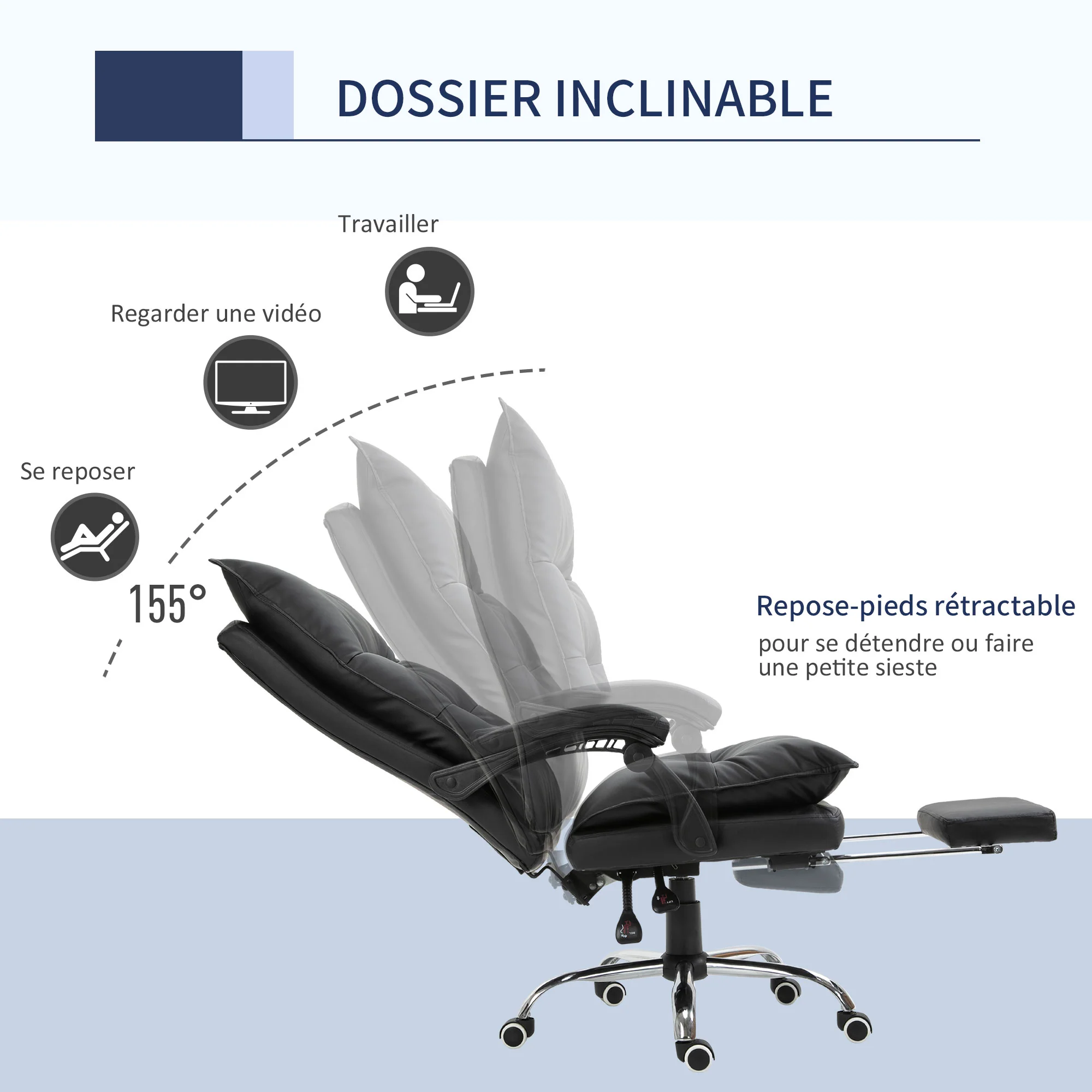 Fauteuil de bureau, chaise bureau ergonomique en similicuir avec large assise rembourrée, dossier inclinable, hauteur réglable, accoudoirs et repose-pied intégrés, charge 135 Kg, noir - Image 6