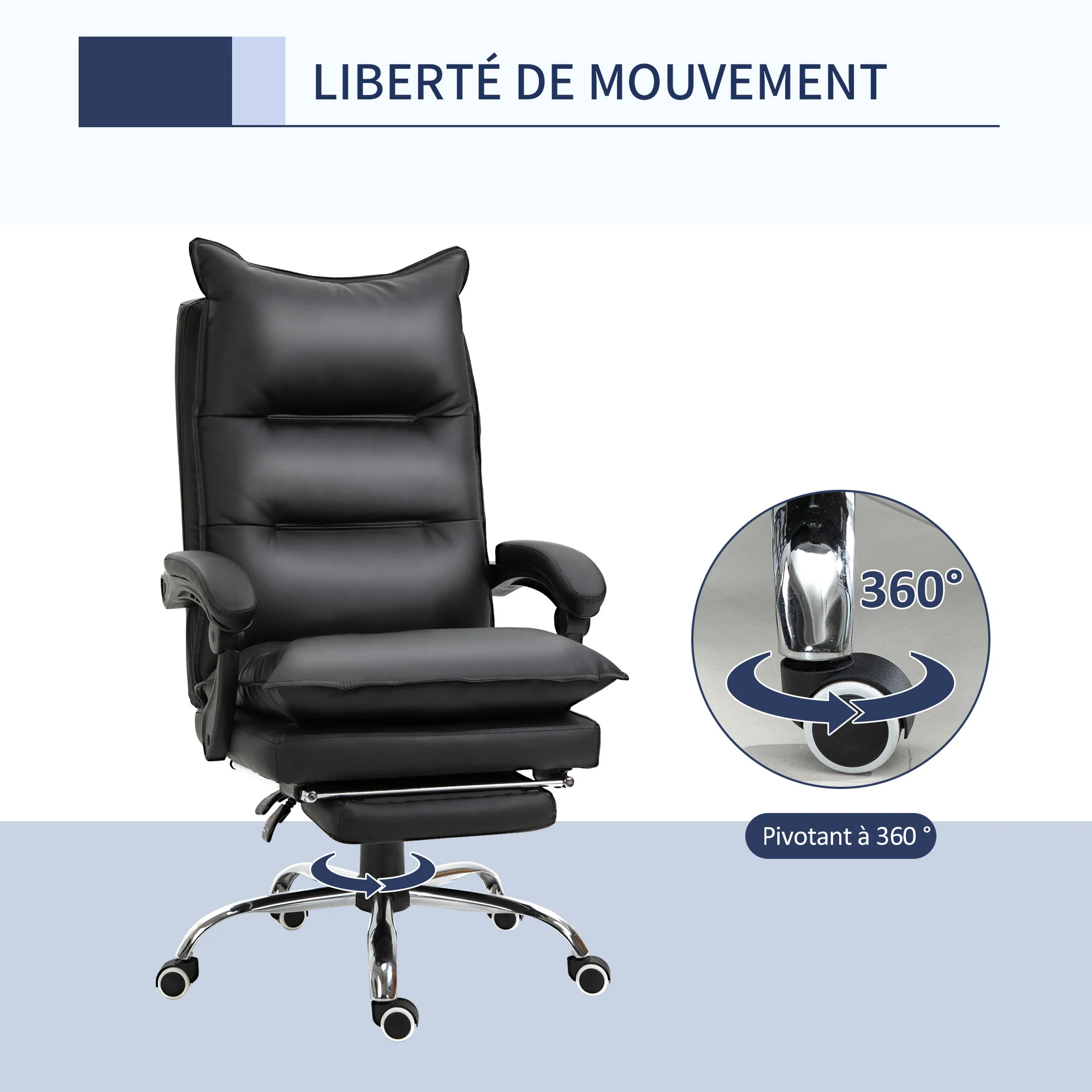 Fauteuil de bureau, chaise bureau ergonomique en similicuir avec large assise rembourrée, dossier inclinable, hauteur réglable, accoudoirs et repose-pied intégrés, charge 135 Kg, noir - Image 7