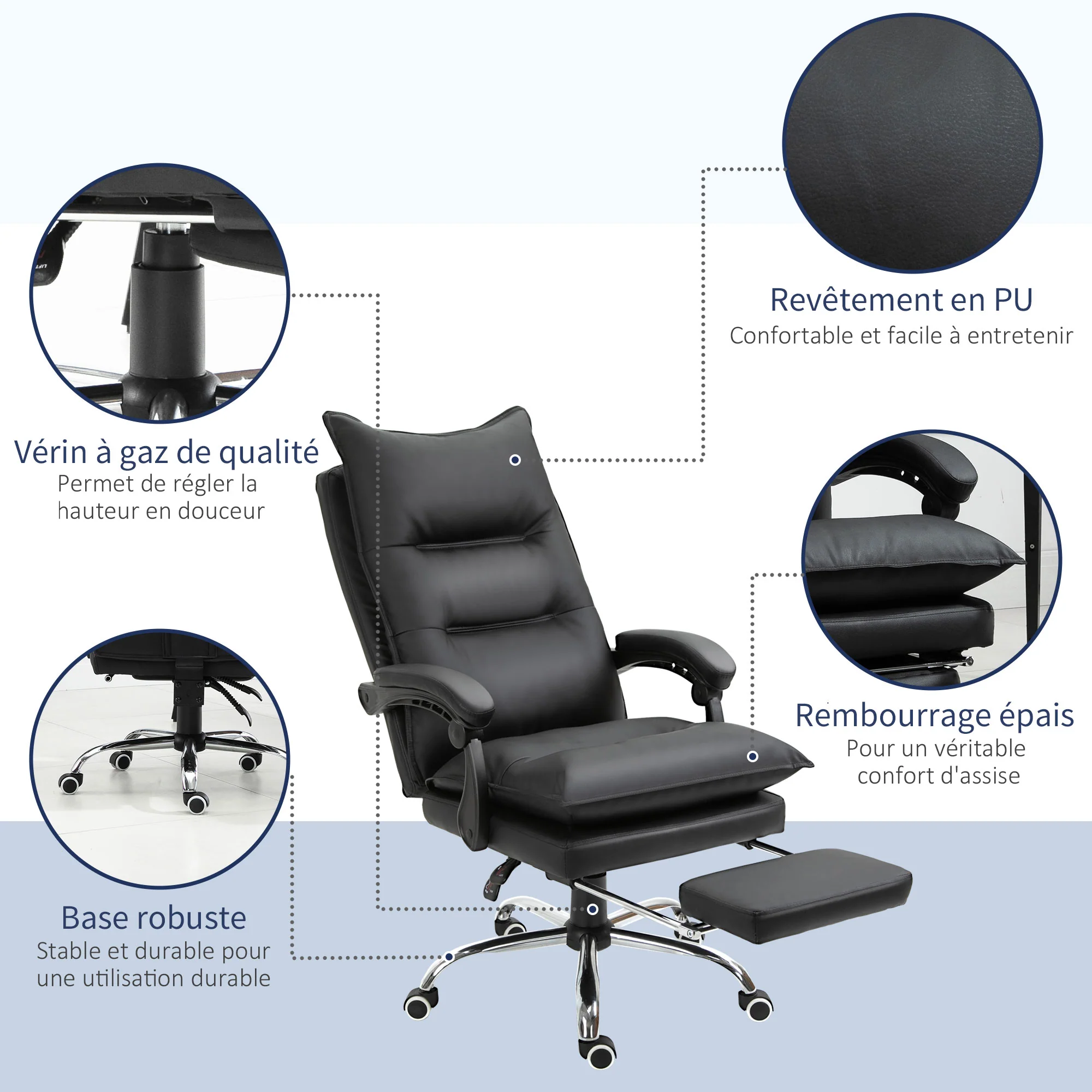 Fauteuil de bureau, chaise bureau ergonomique en similicuir avec large assise rembourrée, dossier inclinable, hauteur réglable, accoudoirs et repose-pied intégrés, charge 135 Kg, noir - Image 8