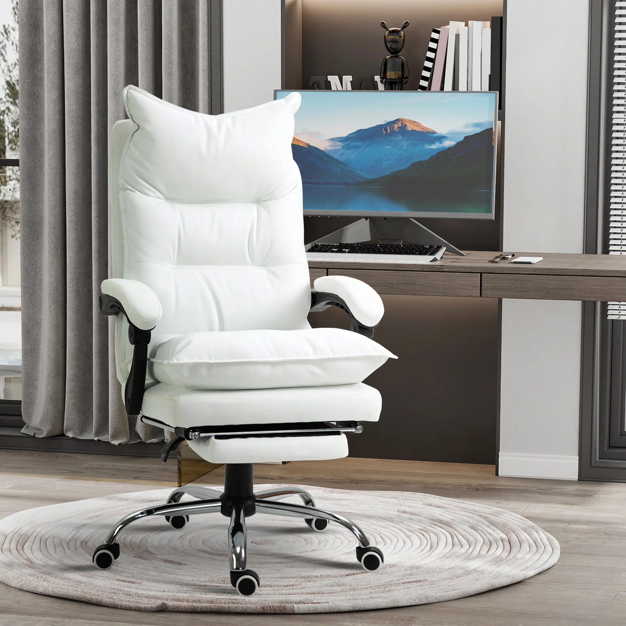 Fauteuil de bureau, chaise bureau ergonomique en similicuir avec large assise rembourrée, dossier inclinable, hauteur réglable, accoudoirs et repose-pied intégrés, charge 135 Kg, blanc - Image 3